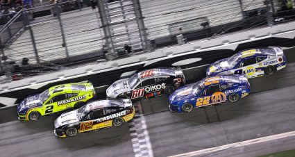 DAYTONA BEACH, FLORIDA - AUGUST 29: Austin Cindric, driver of the #2 Menards/Maytag Ford, Ryan Blaney, driver of the #12 Advance Auto Parts Ford, Ryan Preece, driver of the #60 Kroger/OIKOS Ford, Joey Logano, driver of the #22 Autotrader Ford, and Chase Elliott, driver of the #9 NAPA Batteries Chevrolet, race during the NASCAR Cup Series Coke Zero Sugar 400 at Daytona International Speedway on August 29, 2026 in Daytona Beach, Florida. (Photo by Chris Graythen/Getty Images) | Getty Images