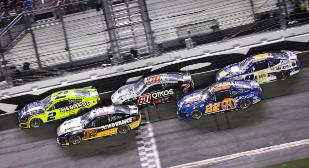 DAYTONA BEACH, FLORIDA - AUGUST 29: Austin Cindric, driver of the #2 Menards/Maytag Ford, Ryan Blaney, driver of the #12 Advance Auto Parts Ford, Ryan Preece, driver of the #60 Kroger/OIKOS Ford, Joey Logano, driver of the #22 Autotrader Ford, and Chase Elliott, driver of the #9 NAPA Batteries Chevrolet, race during the NASCAR Cup Series Coke Zero Sugar 400 at Daytona International Speedway on August 29, 2026 in Daytona Beach, Florida. (Photo by Chris Graythen/Getty Images) | Getty Images