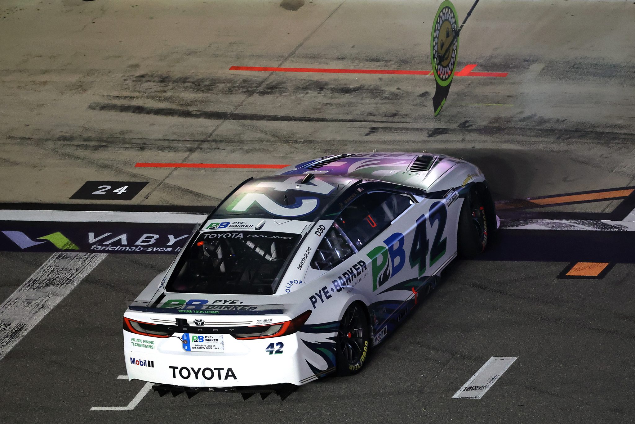 DAYTONA BEACH, FLORIDA - AUGUST 29: John H. Nemechek, driver of the #42 Pye-Barker Fire & Safety Toyota, spins on pit road during the NASCAR Cup Series Coke Zero Sugar 400 at Daytona International Speedway on August 29, 2026 in Daytona Beach, Florida. (Photo by James Gilbert/Getty Images) | Getty Images