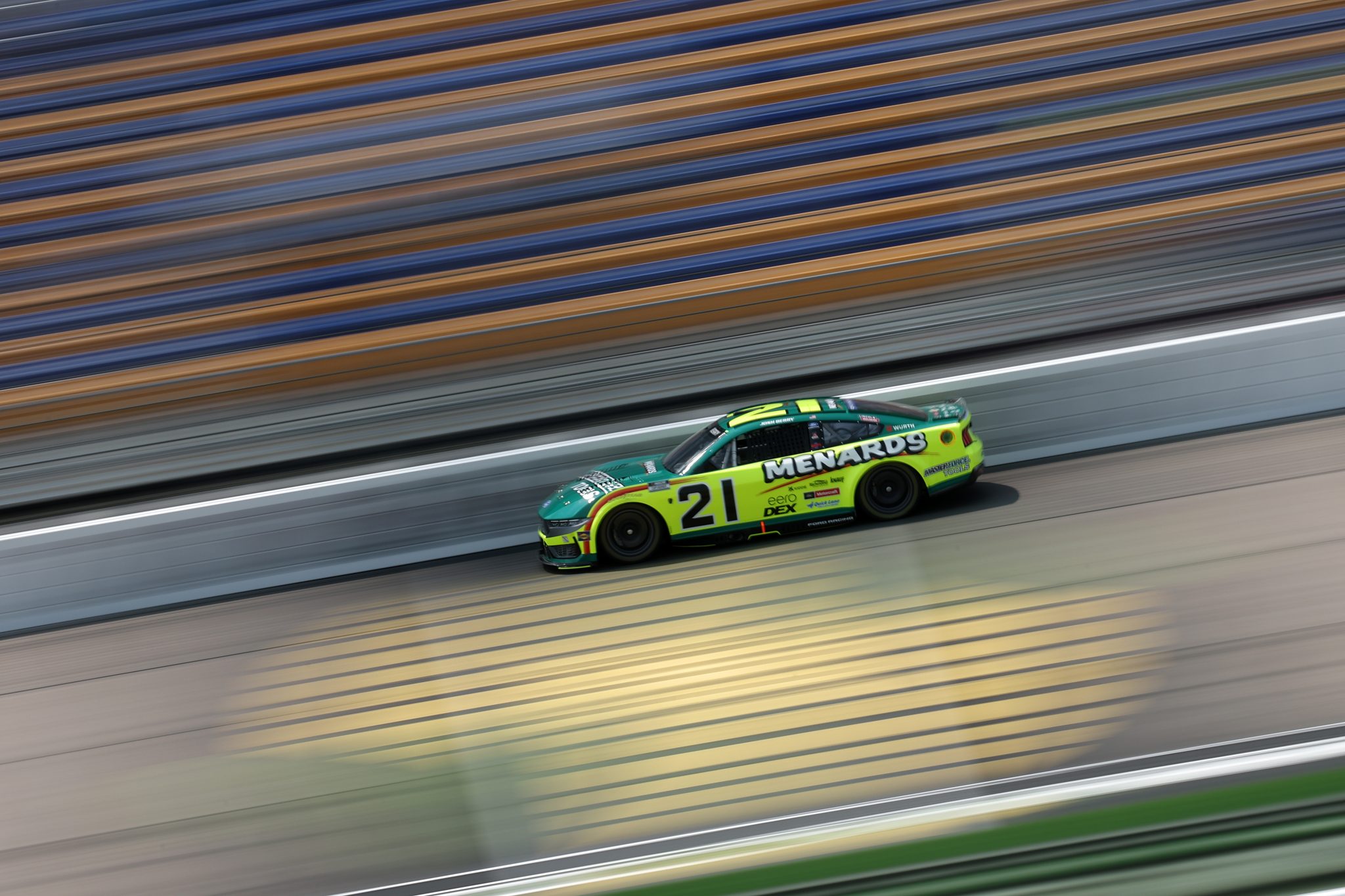 NEWTON, IOWA - AUGUST 08: Josh Berry, driver of the #21 Menards/Master Force Tools Ford, drives during practice for the NASCAR Cup Series Iowa Corn 350 Powered by Ethanol at Iowa Speedway on August 08, 2026 in Newton, Iowa. (Photo by Chris Graythen/Getty Images) | Getty Images