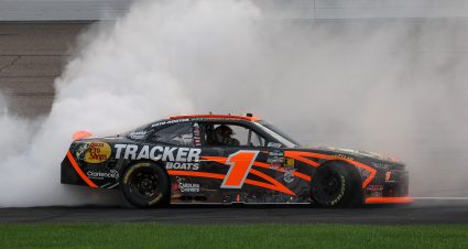 NEWTON, IOWA - AUGUST 08: Carson Kvapil, driver of the #1 Bass Pro Shops Chevrolet, celebrates with a burnout after winning the NASCAR O'Reilly Auto Parts Series HyVee Perks 250 at Iowa Speedway on August 08, 2026 in Newton, Iowa. (Photo by Chris Graythen/Getty Images) | Getty Images