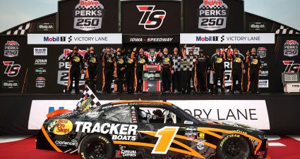NEWTON, IOWA - AUGUST 08: Carson Kvapil, driver of the #1 Bass Pro Shops Chevrolet, and crew celebrate in victory lane after winning the NASCAR O'Reilly Auto Parts Series HyVee Perks 250 at Iowa Speedway on August 08, 2026 in Newton, Iowa. (Photo by Chris Graythen/Getty Images) | Getty Images