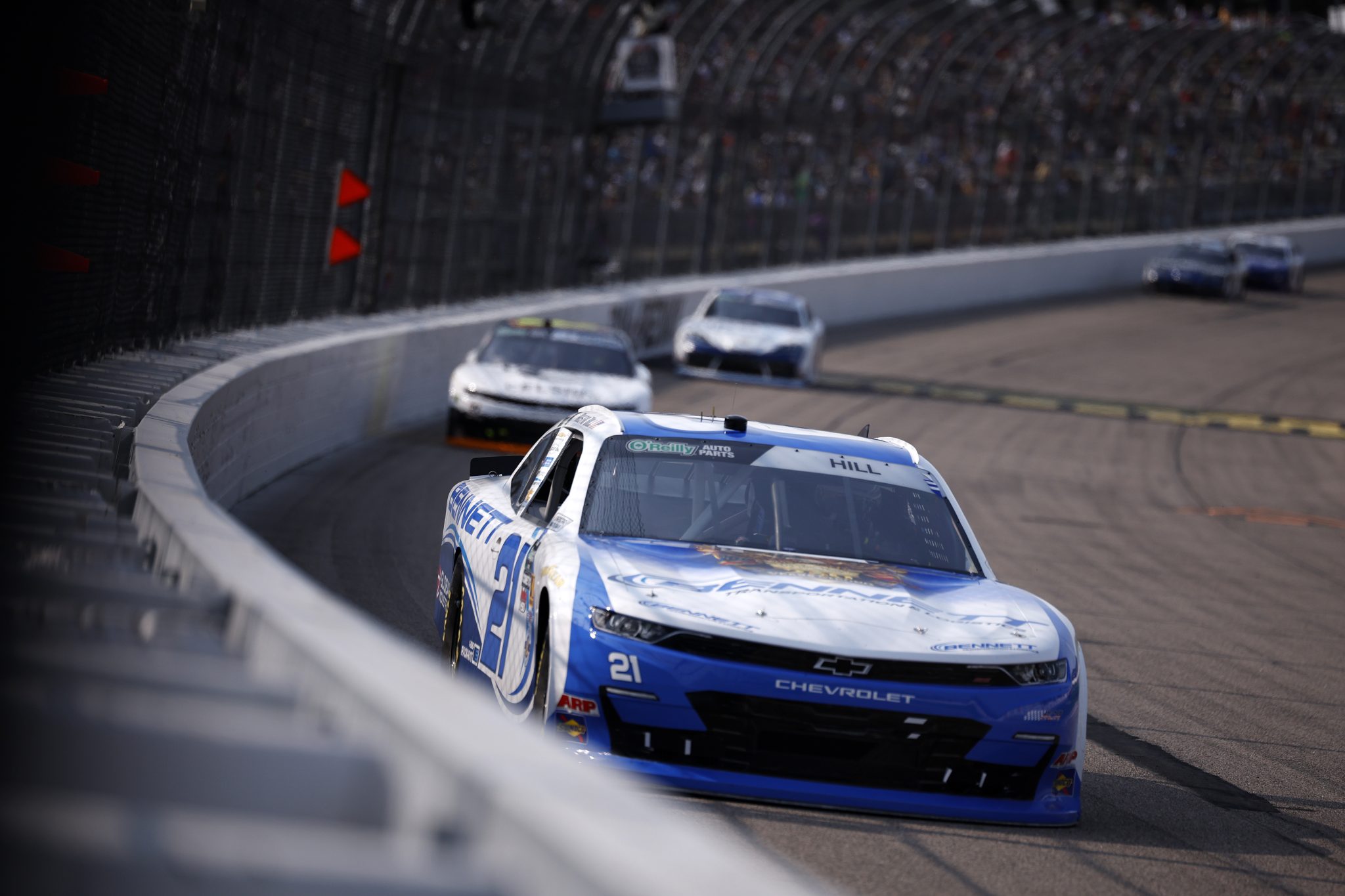 NEWTON, IOWA - AUGUST 08: Austin Hill, driver of the #21 Bennett Transportation Chevrolet, drives during the NASCAR O'Reilly Auto Parts Series HyVee Perks 250 at Iowa Speedway on August 08, 2026 in Newton, Iowa. (Photo by Sean Gardner/Getty Images) | Getty Images