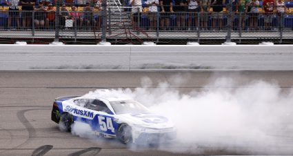 NEWTON, IOWA - AUGUST 09: Ty Gibbs, driver of the #54 SiriusXM Toyota, celebrates with a burnout after winning the NASCAR Cup Series Iowa Corn 350 Powered by Ethanol at Iowa Speedway on August 09, 2026 in Newton, Iowa. (Photo by Sean Gardner/Getty Images) | Getty Images