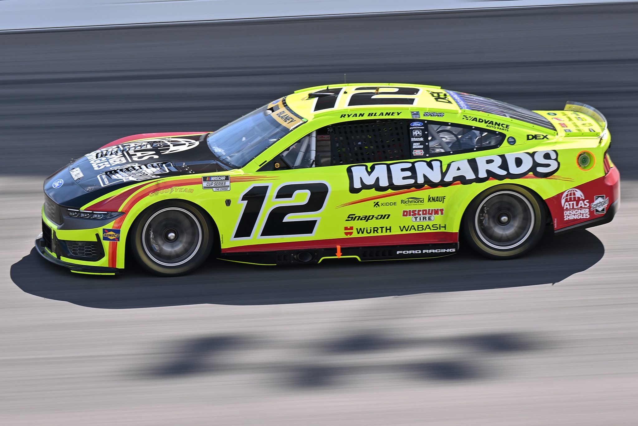 MADISON, ILLINOIS - SEPTEMBER 12: Ryan Blaney, driver of the #12 Menards/ATLAS Designer Shingles Ford, drives during practice for the NASCAR Cup Series Cook Out Southern 500 at WWT Raceway on September 12, 2026 in Madison, Illinois. (Photo by Amy Kontras/Getty Images) | Getty Images