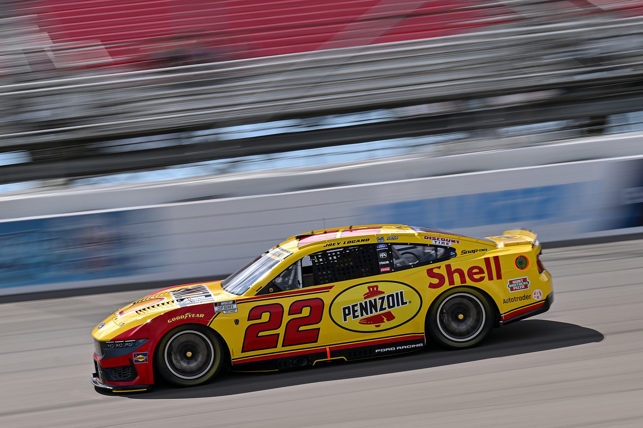 MADISON, ILLINOIS - SEPTEMBER 12: Joey Logano, driver of the #22 Shell Pennzoil Ford, drives during practice for the NASCAR Cup Series Cook Out Southern 500 at WWT Raceway on September 12, 2026 in Madison, Illinois. (Photo by Amy Kontras/Getty Images) | Getty Images