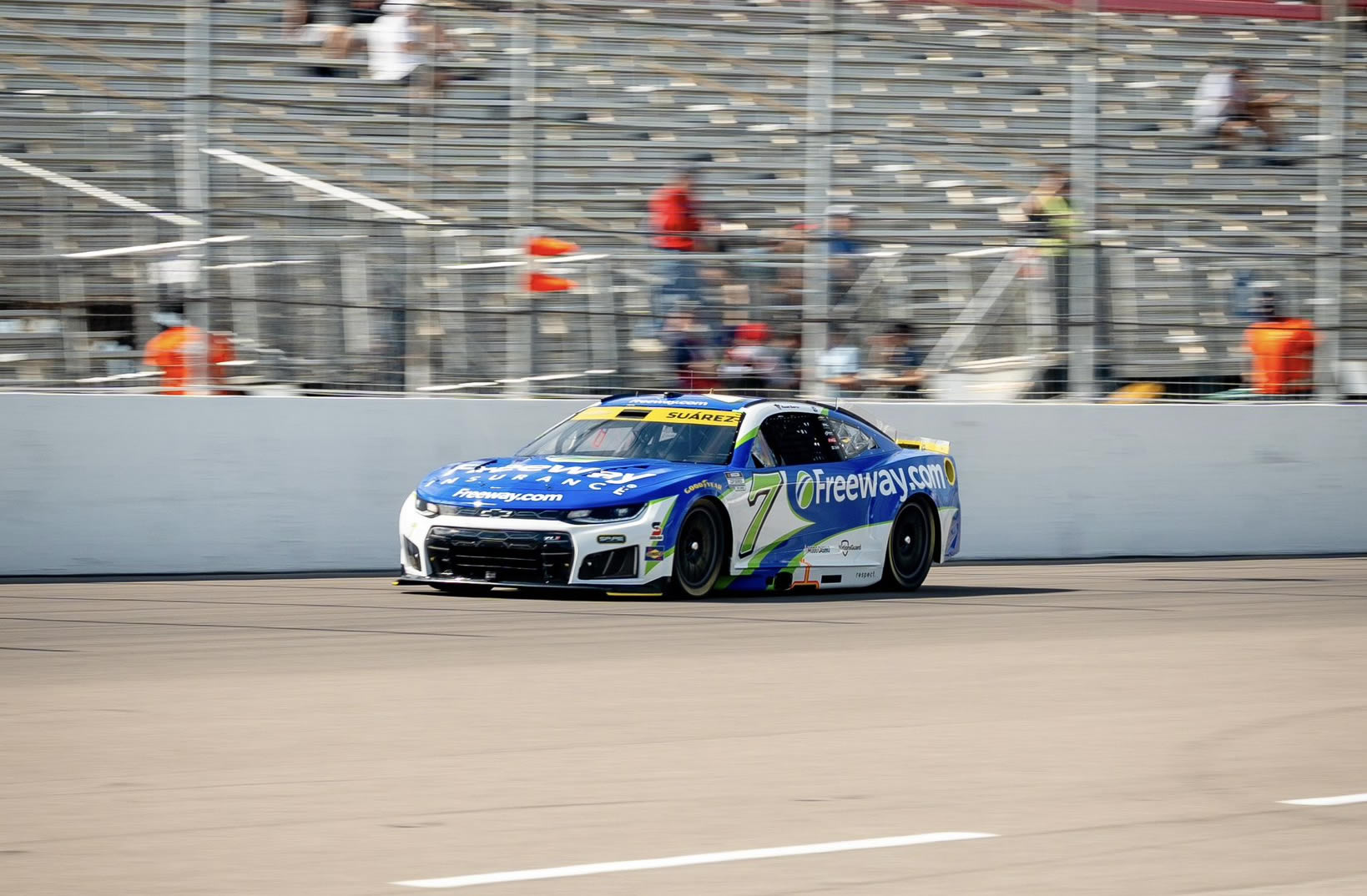 MADISON, ILLINOIS – SEPTEMBER 12: Daniel Suarez, driver of the #7 Freeway Insurance Chevrolet, drives during preparation for the NASCAR Cup Series Enjoy Illinois 300 at WWT Raceway on September 12, 2026 in Madison, Illinois. (Photo from Spire Motorsports)