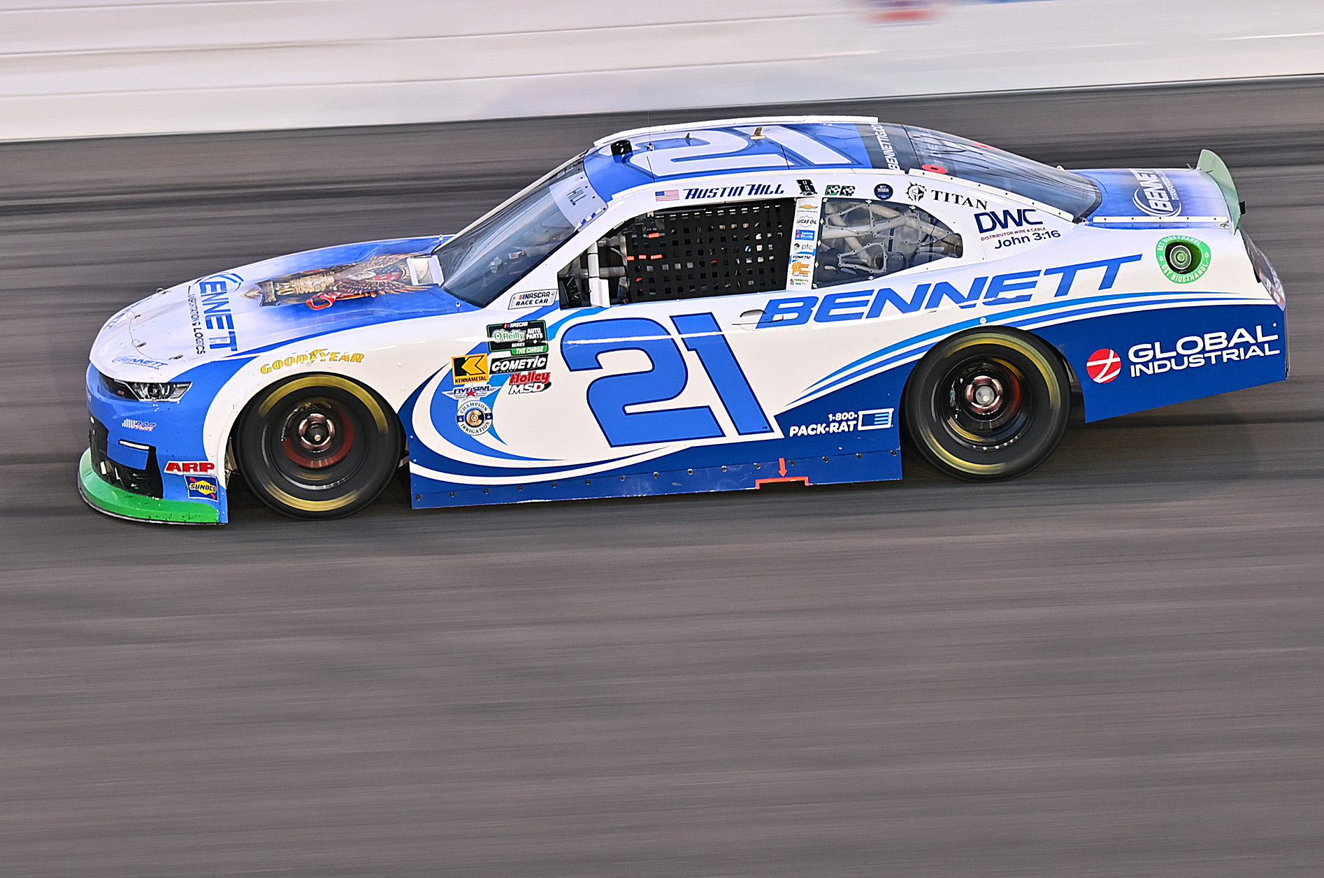 MADISON, ILLINOIS - SEPTEMBER 12: Austin Hill, driver of the #21 Bennett Transportation Chevrolet, drives during the NASCAR O'Reilly Auto Parts Series Nu Way 225 Powered by Bobcat and Sauced by Blues Hog at WWT Raceway on September 12, 2026 in Madison, Illinois. (Photo by Amy Kontras/Getty Images) | Getty Images