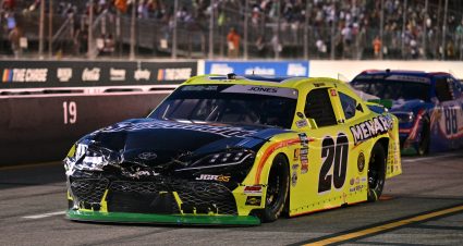 MADISON, ILLINOIS - SEPTEMBER 12: Brandon Jones, driver of the #20 Menards/Spectracide Toyota, pits during the NASCAR O'Reilly Auto Parts Series Nu Way 225 Powered by Bobcat and Sauced by Blues Hog at WWT Raceway on September 12, 2026 in Madison, Illinois. (Photo by Amy Kontras/Getty Images) | Getty Images