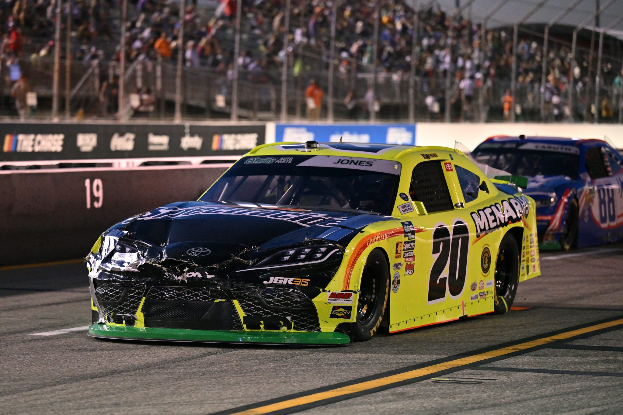 MADISON, ILLINOIS - SEPTEMBER 12: Brandon Jones, driver of the #20 Menards/Spectracide Toyota, pits during the NASCAR O'Reilly Auto Parts Series Nu Way 225 Powered by Bobcat and Sauced by Blues Hog at WWT Raceway on September 12, 2026 in Madison, Illinois. (Photo by Amy Kontras/Getty Images) | Getty Images