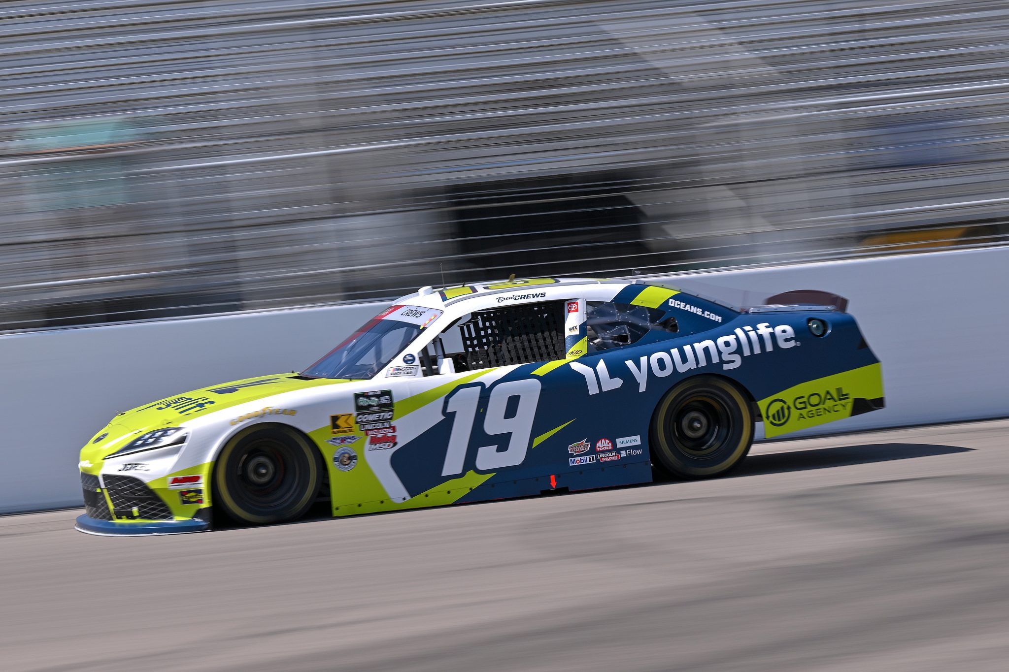 MADISON, ILLINOIS - SEPTEMBER 12: Brent Crews, driver of the #19 YoungLife Toyota, drives during practice for the NASCAR O'Reilly Auto Parts Series Nu Way 225 Powered by Bobcat and Sauced by Blues Hog at WWT Raceway on September 12, 2026 in Madison, Illinois. (Photo by Amy Kontras/Getty Images) | Getty Images
