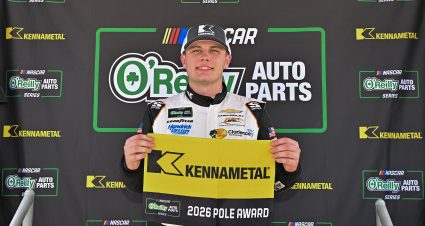 MADISON, ILLINOIS - SEPTEMBER 12: Carson Kvapil, driver of the #1 Wilde Protein Crackers Chevrolet, poses for photos after winning the pole award  during qualifying for the NASCAR O'Reilly Auto Parts Series Nu Way 225 Powered by Bobcat and Sauced by Blues Hog at WWT Raceway on September 12, 2026 in Madison, Illinois. (Photo by Amy Kontras/Getty Images) | Getty Images