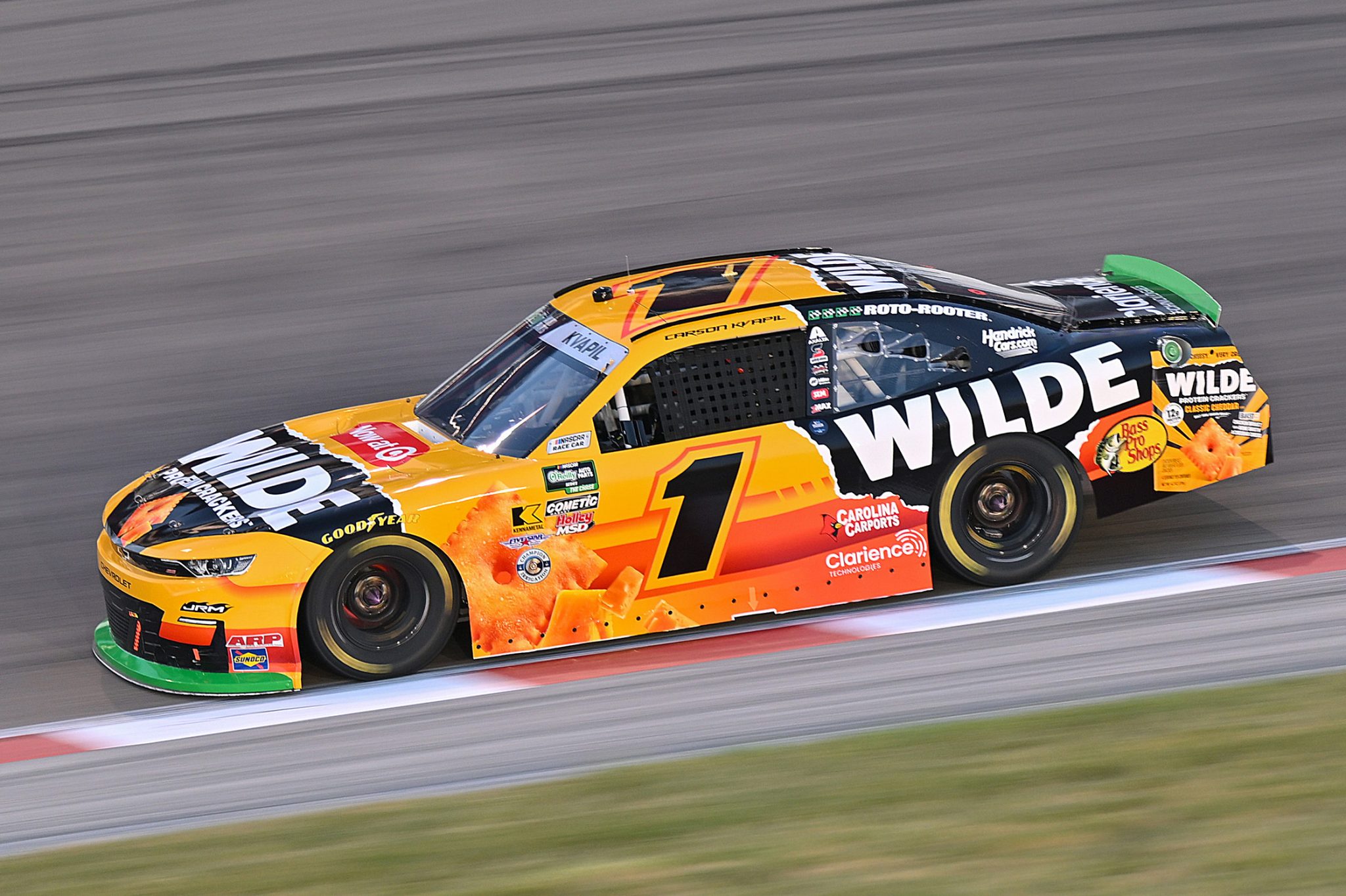 MADISON, ILLINOIS - SEPTEMBER 12: Carson Kvapil, driver of the #1 Wilde Protein Crackers Chevrolet, drives during the NASCAR O'Reilly Auto Parts Series Nu Way 225 Powered by Bobcat and Sauced by Blues Hog at WWT Raceway on September 12, 2026 in Madison, Illinois. (Photo by Amy Kontras/Getty Images) | Getty Images