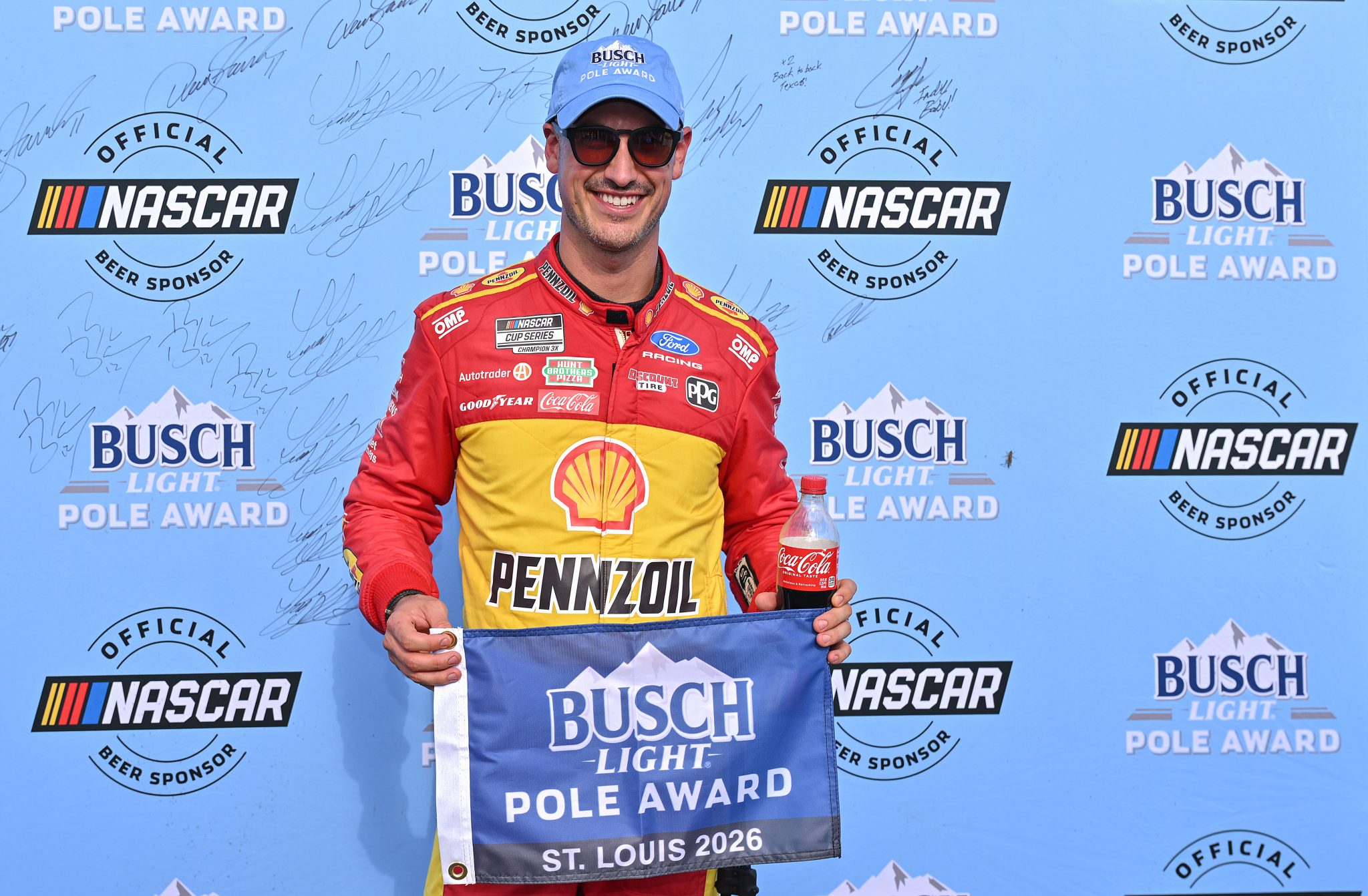 MADISON, ILLINOIS - SEPTEMBER 12: Joey Logano, driver of the #22 Shell Pennzoil Ford, poses for photos after winning the pole award during qualifying for the NASCAR Cup Series Cook Out Southern 500 at WWT Raceway on September 12, 2026 in Madison, Illinois. (Photo by Amy Kontras/Getty Images) | Getty Images