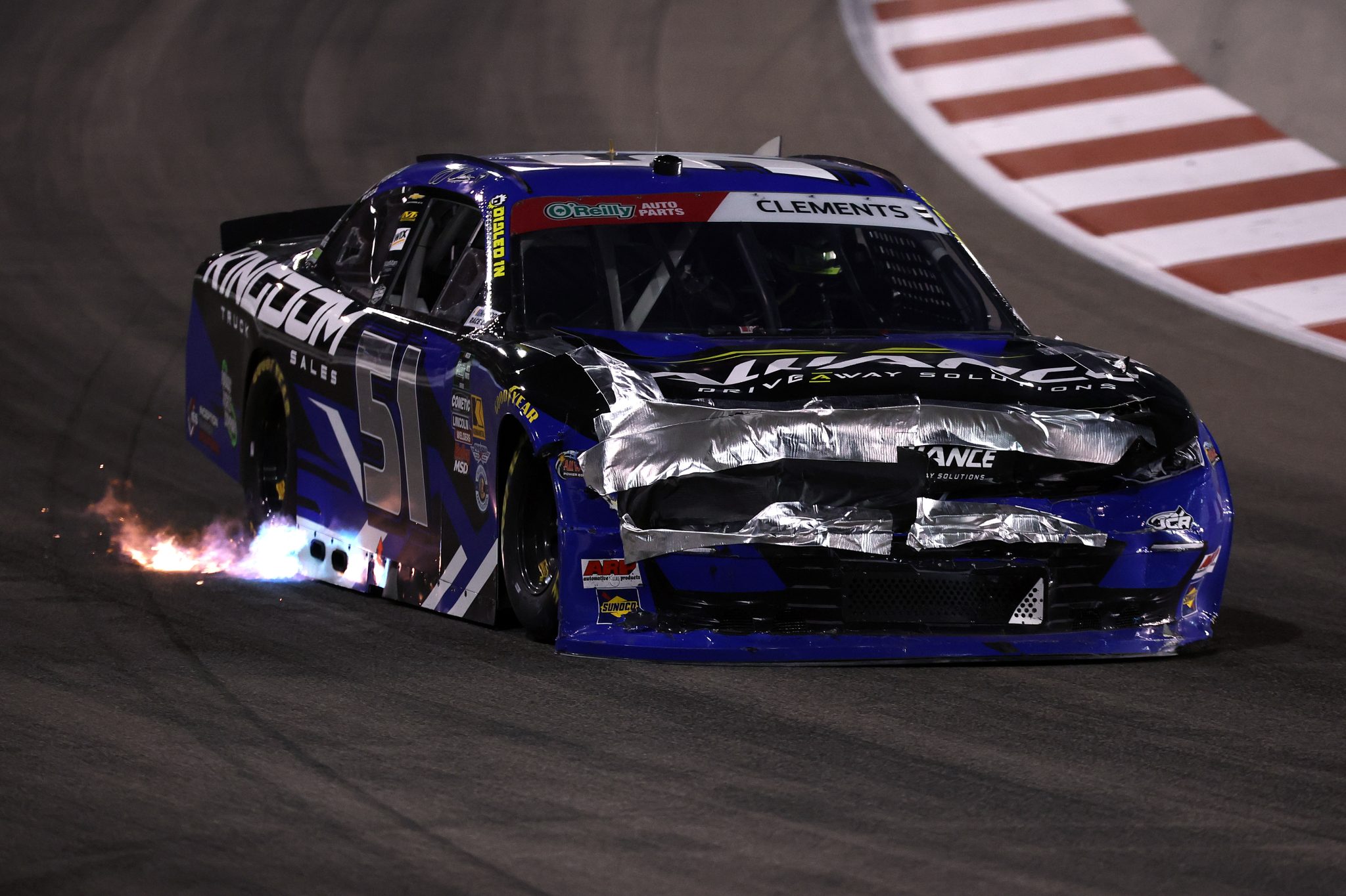 MADISON, ILLINOIS - SEPTEMBER 12: Jeremy Clements, driver of the #51 Kingdom Truck Sales Chevrolet, drives a damaged car during the NASCAR O'Reilly Auto Parts Series Nu Way 225 Powered by Bobcat and Sauced by Blues Hog at WWT Raceway on September 12, 2026 in Madison, Illinois. (Photo by Chris Graythen/Getty Images) | Getty Images