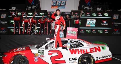 MADISON, ILLINOIS - SEPTEMBER 12: Jesse Love, driver of the #2 Whelen Chevrolet, celebrates in victory lane after winning the NASCAR O'Reilly Auto Parts Series Nu Way 225 Powered by Bobcat and Sauced by Blues Hog at WWT Raceway on September 12, 2026 in Madison, Illinois. (Photo by Amy Kontras/Getty Images) | Getty Images