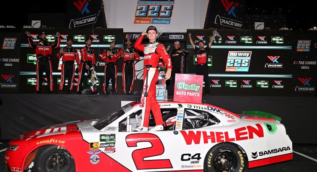 MADISON, ILLINOIS - SEPTEMBER 12: Jesse Love, driver of the #2 Whelen Chevrolet, celebrates in victory lane after winning the NASCAR O'Reilly Auto Parts Series Nu Way 225 Powered by Bobcat and Sauced by Blues Hog at WWT Raceway on September 12, 2026 in Madison, Illinois. (Photo by Amy Kontras/Getty Images) | Getty Images