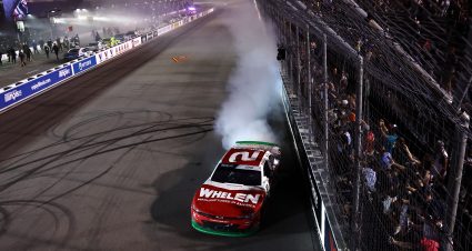 MADISON, ILLINOIS - SEPTEMBER 12: Jesse Love, driver of the #2 Whelen Chevrolet, celebrates with a burnout after winning the NASCAR O'Reilly Auto Parts Series Nu Way 225 Powered by Bobcat and Sauced by Blues Hog at WWT Raceway on September 12, 2026 in Madison, Illinois. (Photo by Chris Graythen/Getty Images) | Getty Images