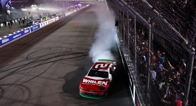 MADISON, ILLINOIS - SEPTEMBER 12: Jesse Love, driver of the #2 Whelen Chevrolet, celebrates with a burnout after winning the NASCAR O'Reilly Auto Parts Series Nu Way 225 Powered by Bobcat and Sauced by Blues Hog at WWT Raceway on September 12, 2026 in Madison, Illinois. (Photo by Chris Graythen/Getty Images) | Getty Images