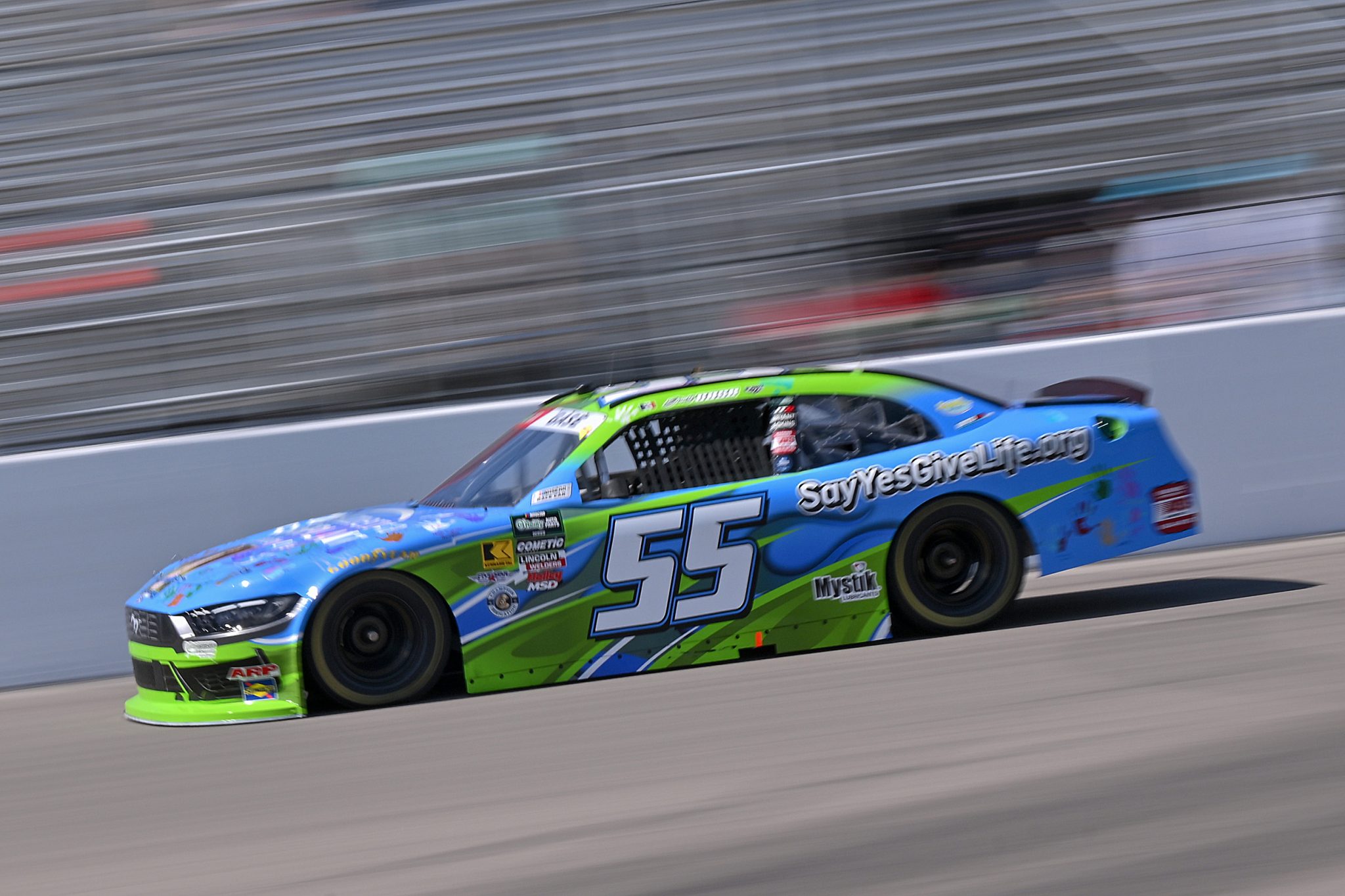 MADISON, ILLINOIS - SEPTEMBER 12: Joey Gase, driver of the #55 Mid-America Transplant Ford, drives during practice for the NASCAR O'Reilly Auto Parts Series Nu Way 225 Powered by Bobcat and Sauced by Blues Hog at WWT Raceway on September 12, 2026 in Madison, Illinois. (Photo by Amy Kontras/Getty Images) | Getty Images
