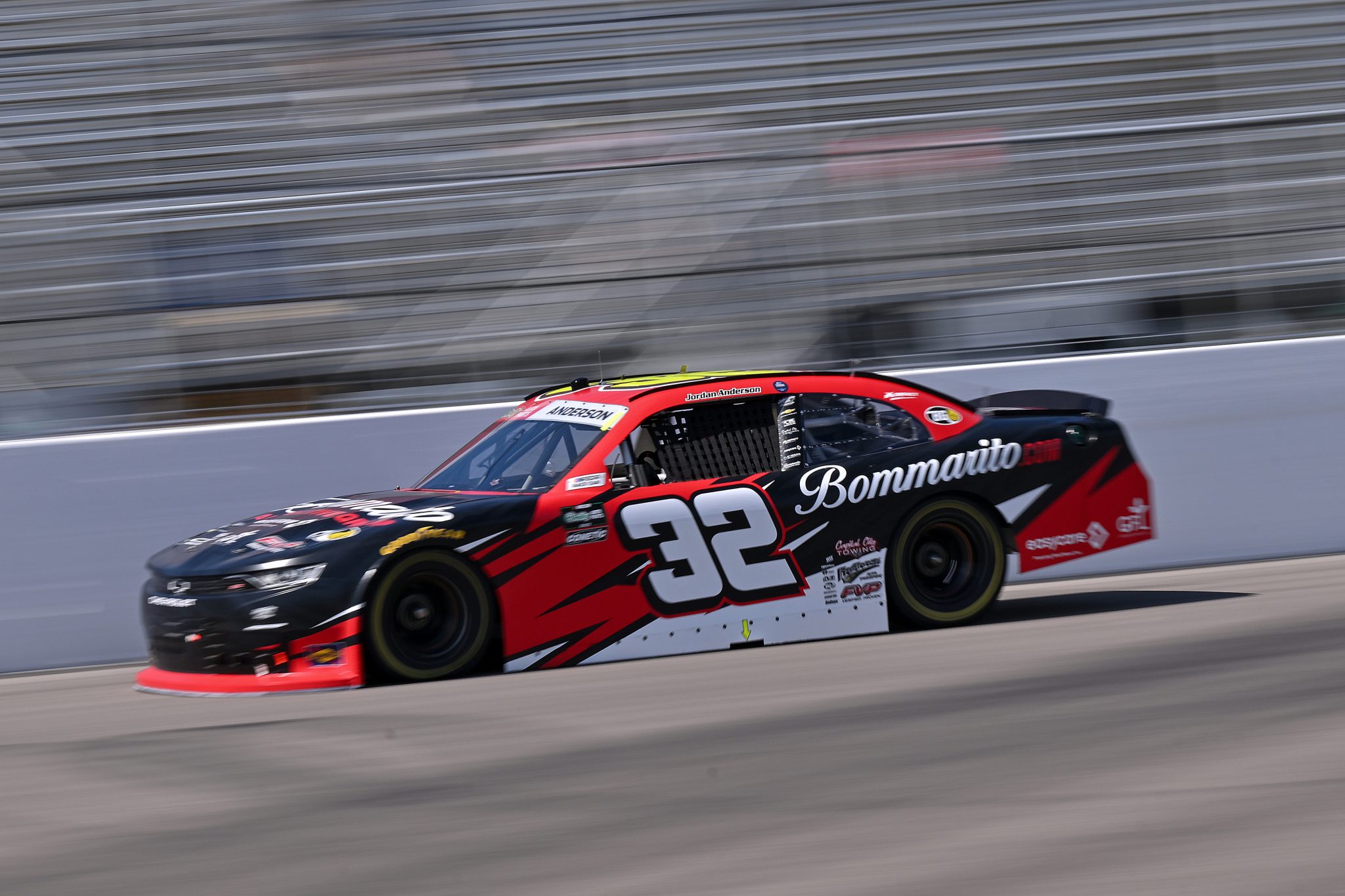 MADISON, ILLINOIS - SEPTEMBER 12: Jordan Anderson, driver of the #32 Bommarito Automotive Group Chevrolet, drives during practice for the NASCAR O'Reilly Auto Parts Series Nu Way 225 Powered by Bobcat and Sauced by Blues Hog at WWT Raceway on September 12, 2026 in Madison, Illinois. (Photo by Amy Kontras/Getty Images) | Getty Images