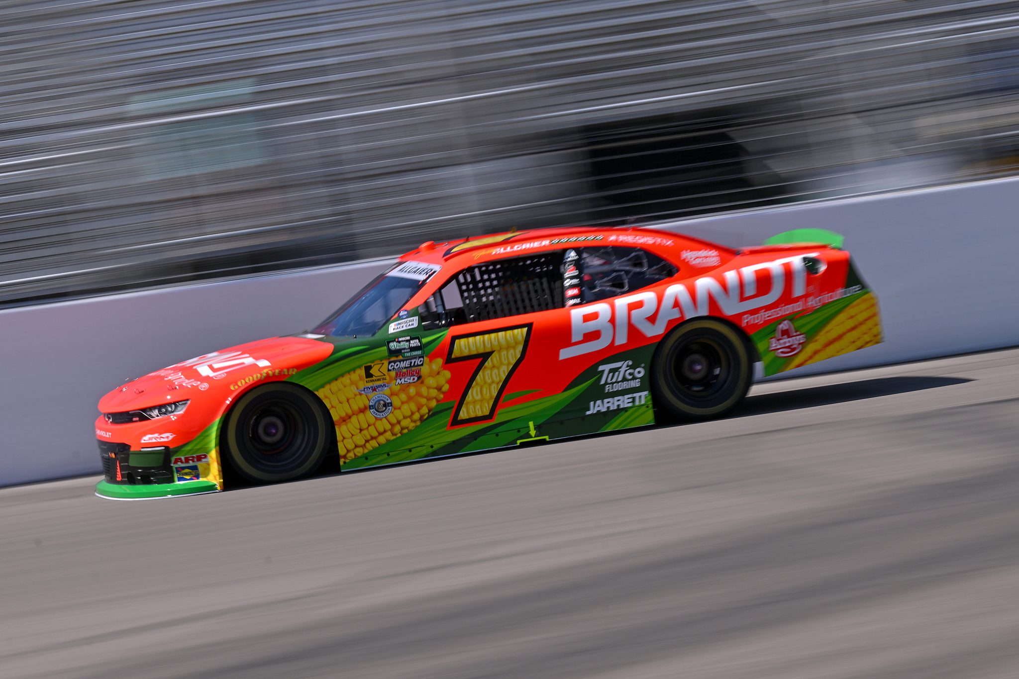 MADISON, ILLINOIS - SEPTEMBER 12: Justin Allgaier, driver of the #7 BRANDT Professional Agriculture Chevrolet, drives during practice for the NASCAR O'Reilly Auto Parts Series Nu Way 225 Powered by Bobcat and Sauced by Blues Hog at WWT Raceway on September 12, 2026 in Madison, Illinois. (Photo by Amy Kontras/Getty Images) | Getty Images