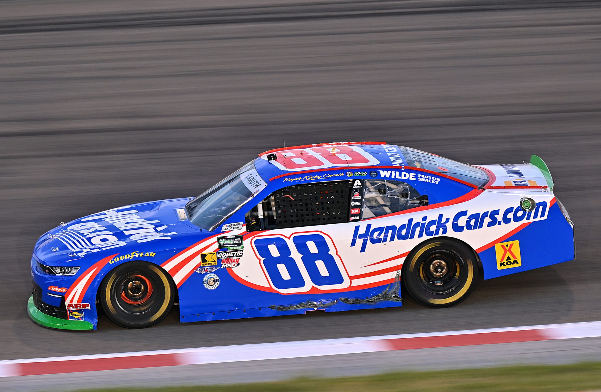 MADISON, ILLINOIS - SEPTEMBER 12: Rajah Caruth, driver of the #88 HendrickCars.com Chevrolet, drives during the NASCAR O'Reilly Auto Parts Series Nu Way 225 Powered by Bobcat and Sauced by Blues Hog at WWT Raceway on September 12, 2026 in Madison, Illinois. (Photo by Amy Kontras/Getty Images) | Getty Images
