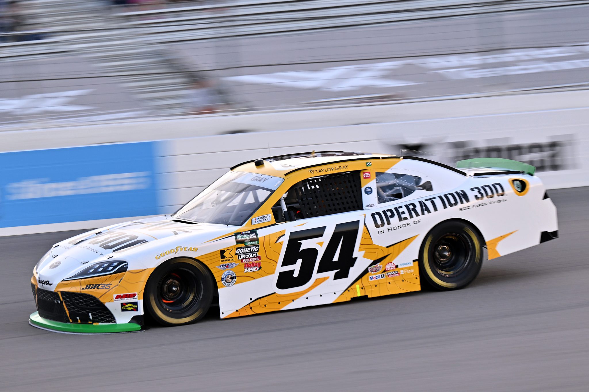 MADISON, ILLINOIS - SEPTEMBER 12: Taylor Gray, driver of the #54 Operation 300 Toyota, drives during the NASCAR O'Reilly Auto Parts Series Nu Way 225 Powered by Bobcat and Sauced by Blues Hog at WWT Raceway on September 12, 2026 in Madison, Illinois. (Photo by Amy Kontras/Getty Images) | Getty Images
