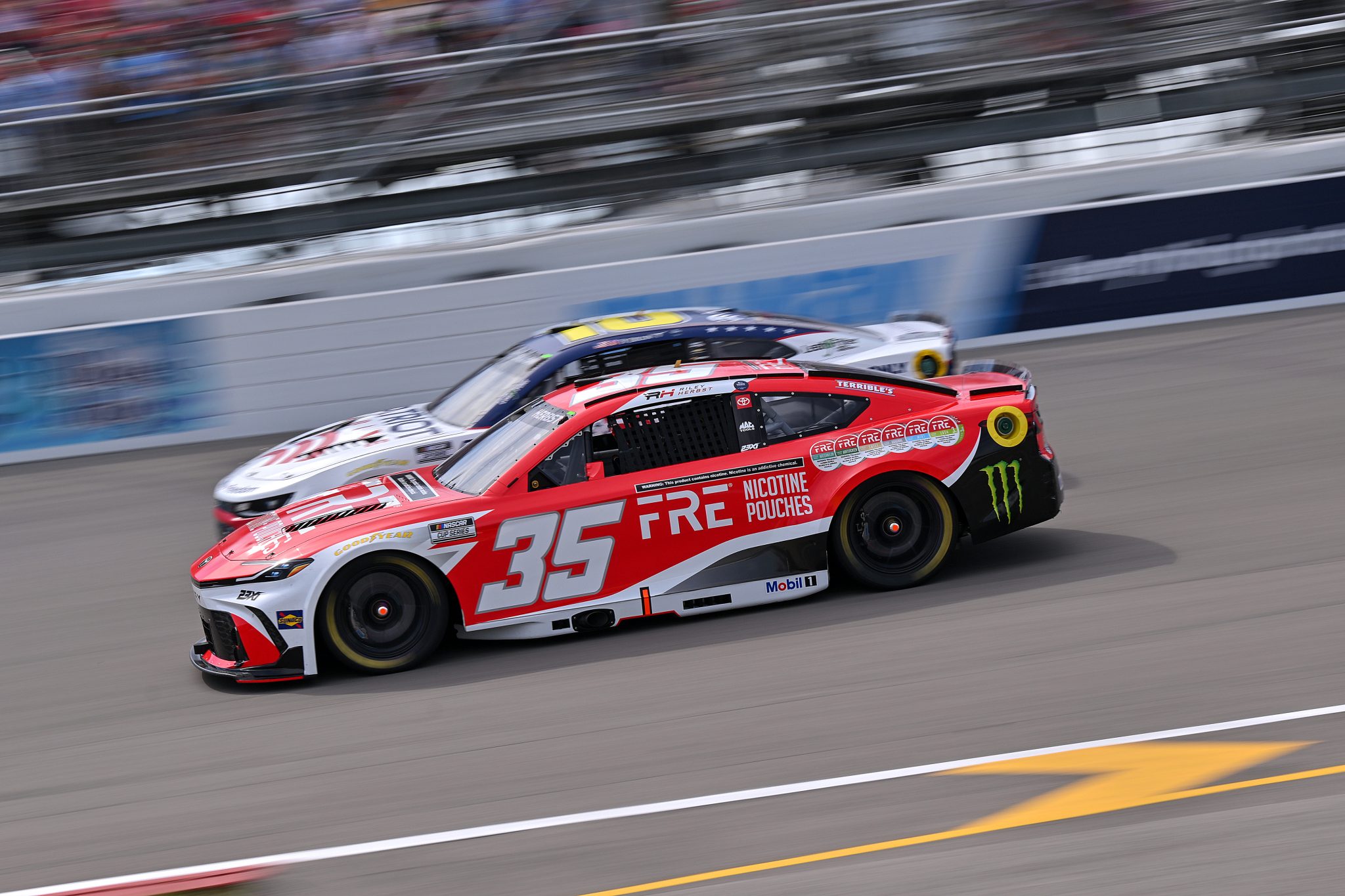 MADISON, ILLINOIS - SEPTEMBER 13: Riley Herbst, driver of the #35 FRE Nicotine Pouches Toyota, drives during the NASCAR Cup Series Enjoy Illinois 300 at WWT Raceway on September 13, 2026 in Madison, Illinois. (Photo by Amy Kontras/Getty Images) | Getty Images