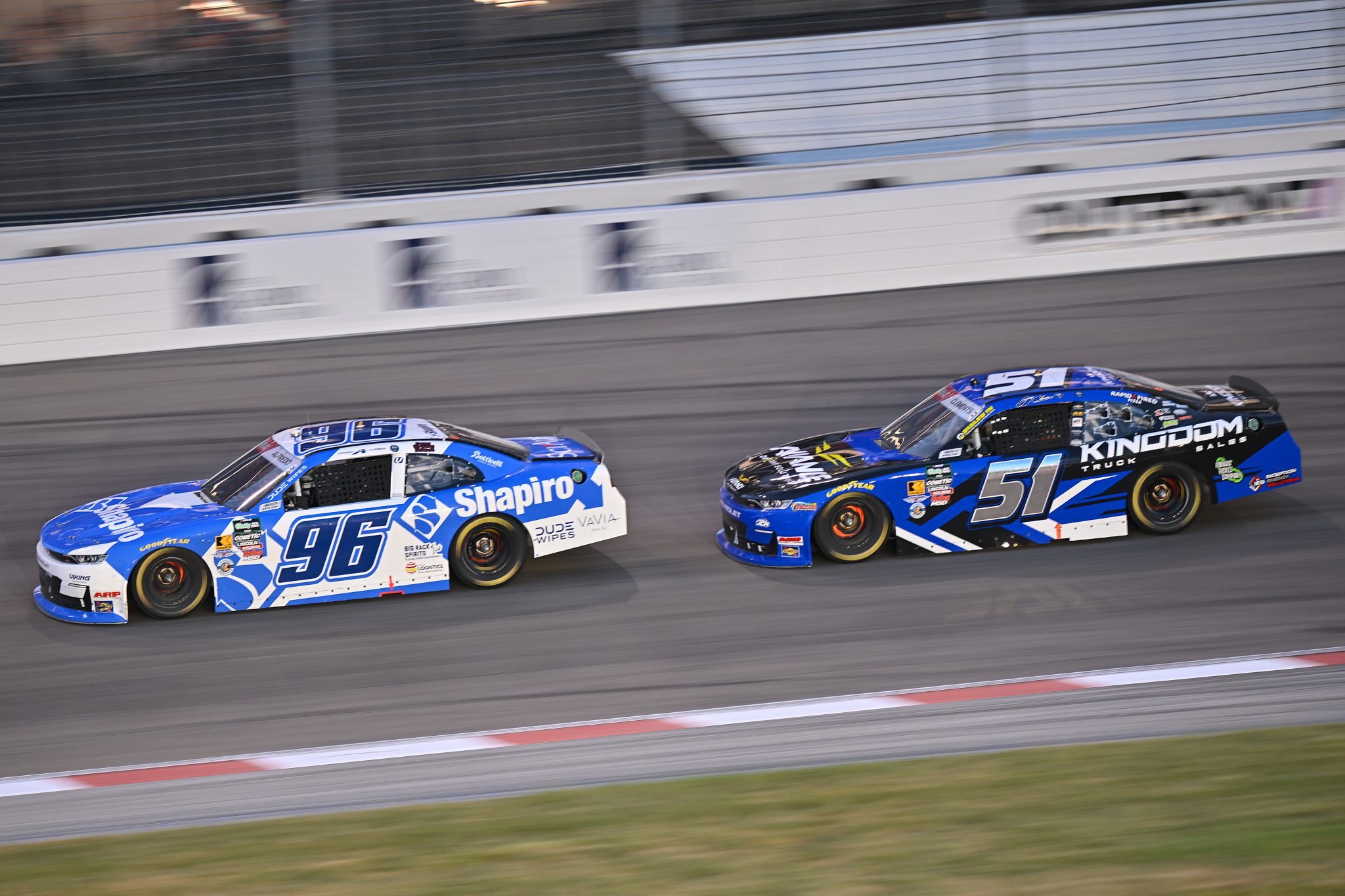 MADISON, ILLINOIS - SEPTEMBER 12: Anthony Alfredo, driver of the #96 Shapiro Metals Chevrolet, and Jeremy Clements, driver of the #51 Kingdom Truck Sales Chevrolet, race during the NASCAR O'Reilly Auto Parts Series Nu Way 225 Powered by Bobcat and Sauced by Blues Hog at WWT Raceway on September 12, 2026 in Madison, Illinois. (Photo by Amy Kontras/Getty Images) | Getty Images