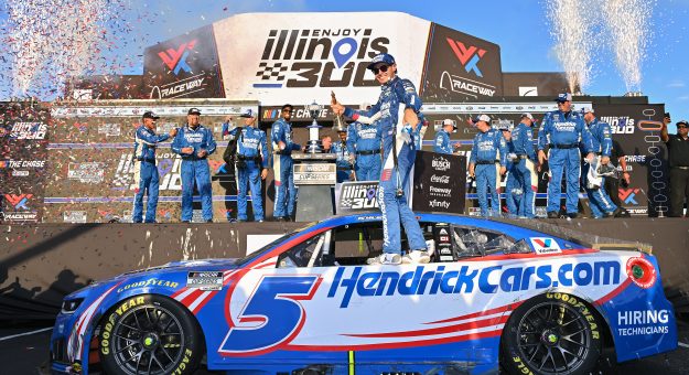 MADISON, ILLINOIS - SEPTEMBER 13: Kyle Larson, driver of the #5 HendrickCars.com Chevrolet, celebrates in victory lane after winning the NASCAR Cup Series Enjoy Illinois 300 at WWT Raceway on September 13, 2026 in Madison, Illinois. (Photo by Amy Kontras/Getty Images) | Getty Images