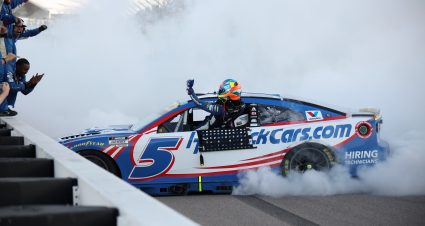 MADISON, ILLINOIS - SEPTEMBER 13: Kyle Larson, driver of the #5 HendrickCars.com Chevrolet, celebrates with his crew after winning the NASCAR Cup Series Enjoy Illinois 300 at WWT Raceway on September 13, 2026 in Madison, Illinois. (Photo by Chris Graythen/Getty Images) | Getty Images