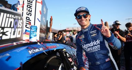 MADISON, ILLINOIS - SEPTEMBER 13: Kyle Larson, driver of the #5 HendrickCars.com Chevrolet, poses with the winner sticker on his car in victory lane after winning the NASCAR Cup Series Enjoy Illinois 300 at WWT Raceway on September 13, 2026 in Madison, Illinois. (Photo by Chris Graythen/Getty Images) | Getty Images