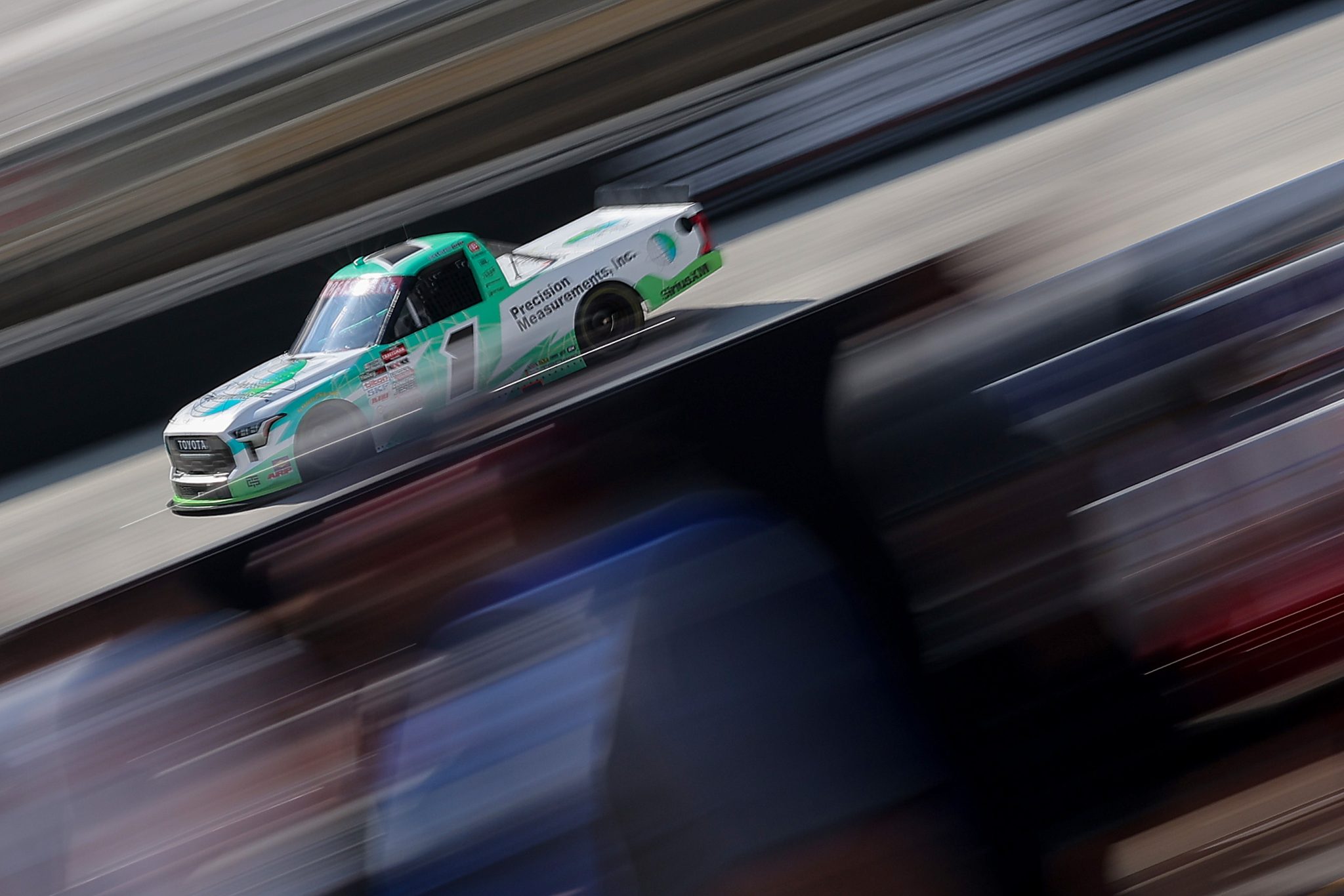 BRISTOL, TENNESSEE - SEPTEMBER 17: Nick Leitz, driver of the #1 Precision Measurements Inc Toyota, drives during practice for the NASCAR Craftsman Truck Series UNOH 250 Presented by Ohio Logistics at Bristol Motor Speedway on September 17, 2026 in Bristol, Tennessee. (Photo by Jonathan Bachman/Getty Images) | Getty Images