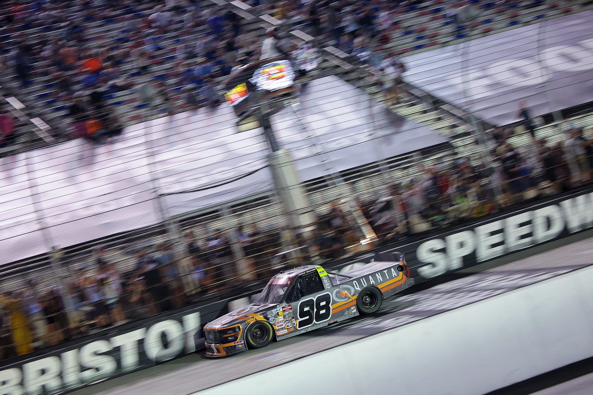 BRISTOL, TENNESSEE - SEPTEMBER 17: Jake Garcia, driver of the #98 Quanta/Curb Records Ford, crosses the finish line to win the NASCAR Craftsman Truck Series UNOH 250 Presented by Ohio Logistics at Bristol Motor Speedway on September 17, 2026 in Bristol, Tennessee. (Photo by Jonathan Bachman/Getty Images) | Getty Images