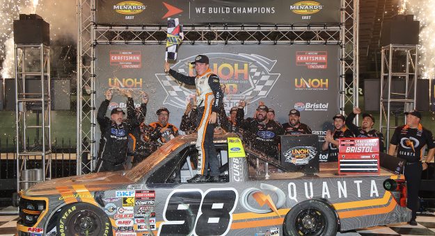 BRISTOL, TENNESSEE - SEPTEMBER 17: Jake Garcia, driver of the #98 Quanta/Curb Records Ford, celebrates in victory lane after winning the NASCAR Craftsman Truck Series UNOH 250 Presented by Ohio Logistics at Bristol Motor Speedway on September 17, 2026 in Bristol, Tennessee. (Photo by Jonathan Bachman/Getty Images) | Getty Images