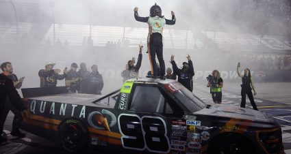 BRISTOL, TENNESSEE - SEPTEMBER 17: Jake Garcia, driver of the #98 Quanta/Curb Records Ford, and crew celebrate after winning the NASCAR Craftsman Truck Series UNOH 250 Presented by Ohio Logistics at Bristol Motor Speedway on September 17, 2026 in Bristol, Tennessee. (Photo by Jonathan Bachman/Getty Images) | Getty Images