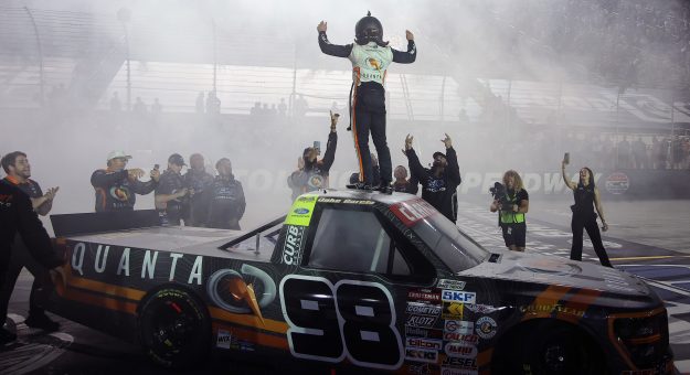 BRISTOL, TENNESSEE - SEPTEMBER 17: Jake Garcia, driver of the #98 Quanta/Curb Records Ford, and crew celebrate after winning the NASCAR Craftsman Truck Series UNOH 250 Presented by Ohio Logistics at Bristol Motor Speedway on September 17, 2026 in Bristol, Tennessee. (Photo by Jonathan Bachman/Getty Images) | Getty Images