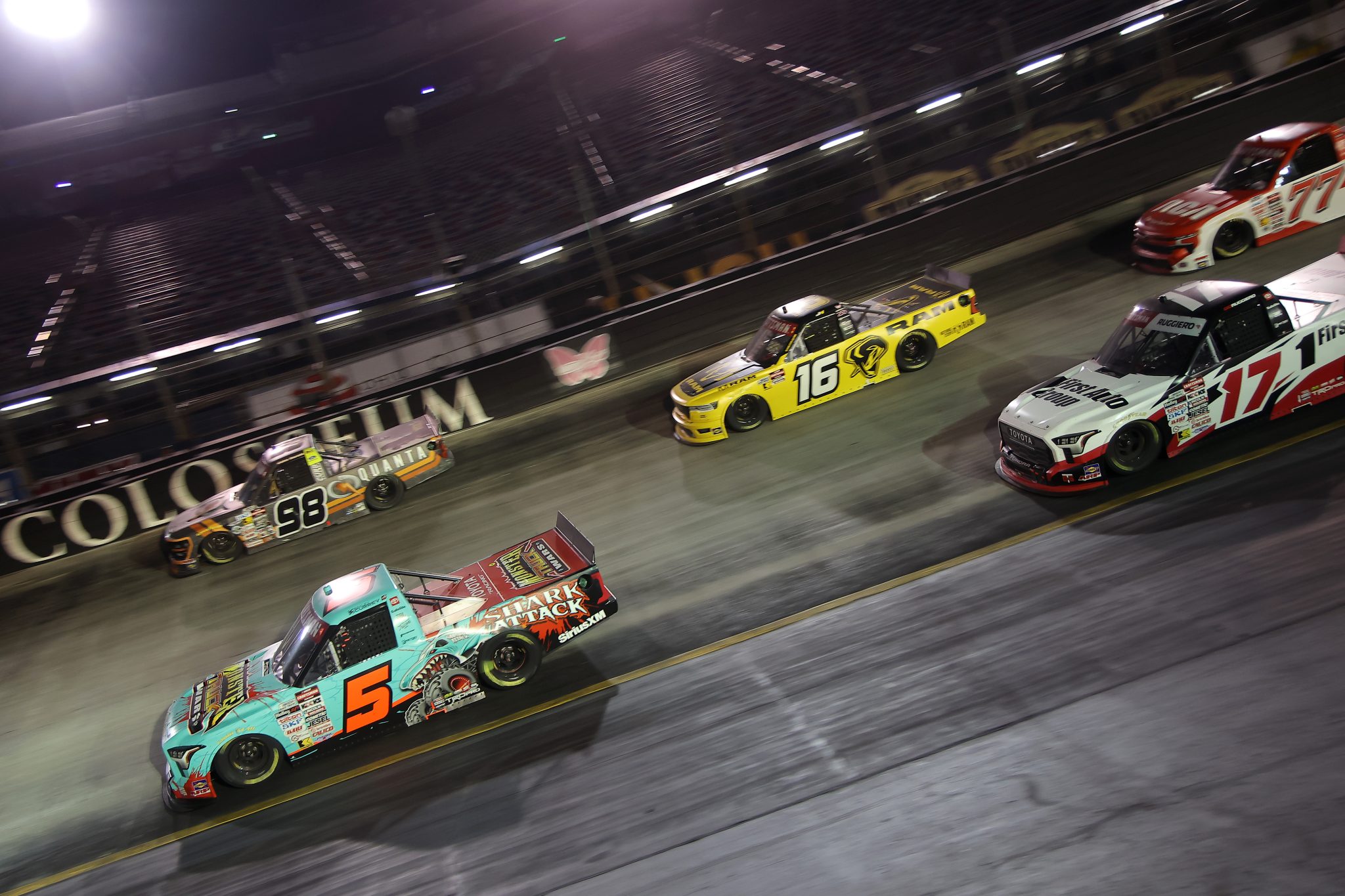 BRISTOL, TENNESSEE - SEPTEMBER 17: Bayley Currey, driver of the #5 Monster Truck Wars Toyota, Giovanni Ruggiero, driver of the #17 First Auto Group Toyota, Justin Haley, driver of the #16 RAM RAM, and Jake Garcia, driver of the #98 Quanta/Curb Records Ford, race during the NASCAR Craftsman Truck Series UNOH 250 Presented by Ohio Logistics at Bristol Motor Speedway on September 17, 2026 in Bristol, Tennessee. (Photo by Jonathan Bachman/Getty Images) | Getty Images