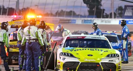 MADISON, ILLINOIS - SEPTEMBER 12: Crew members of the #19 YoungLife Toyota driven by Brent Crews are involved on a pit road incident during the NASCAR O'Reilly Auto Parts Series Nu Way 225 Powered by Bobcat and Sauced by Blues Hog at WWT Raceway on September 12, 2026 in Madison, Illinois. (Photo by Amy Kontras/Getty Images) | Getty Images