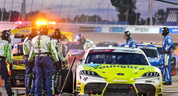 MADISON, ILLINOIS - SEPTEMBER 12: Crew members of the #19 YoungLife Toyota driven by Brent Crews are involved on a pit road incident during the NASCAR O'Reilly Auto Parts Series Nu Way 225 Powered by Bobcat and Sauced by Blues Hog at WWT Raceway on September 12, 2026 in Madison, Illinois. (Photo by Amy Kontras/Getty Images) | Getty Images