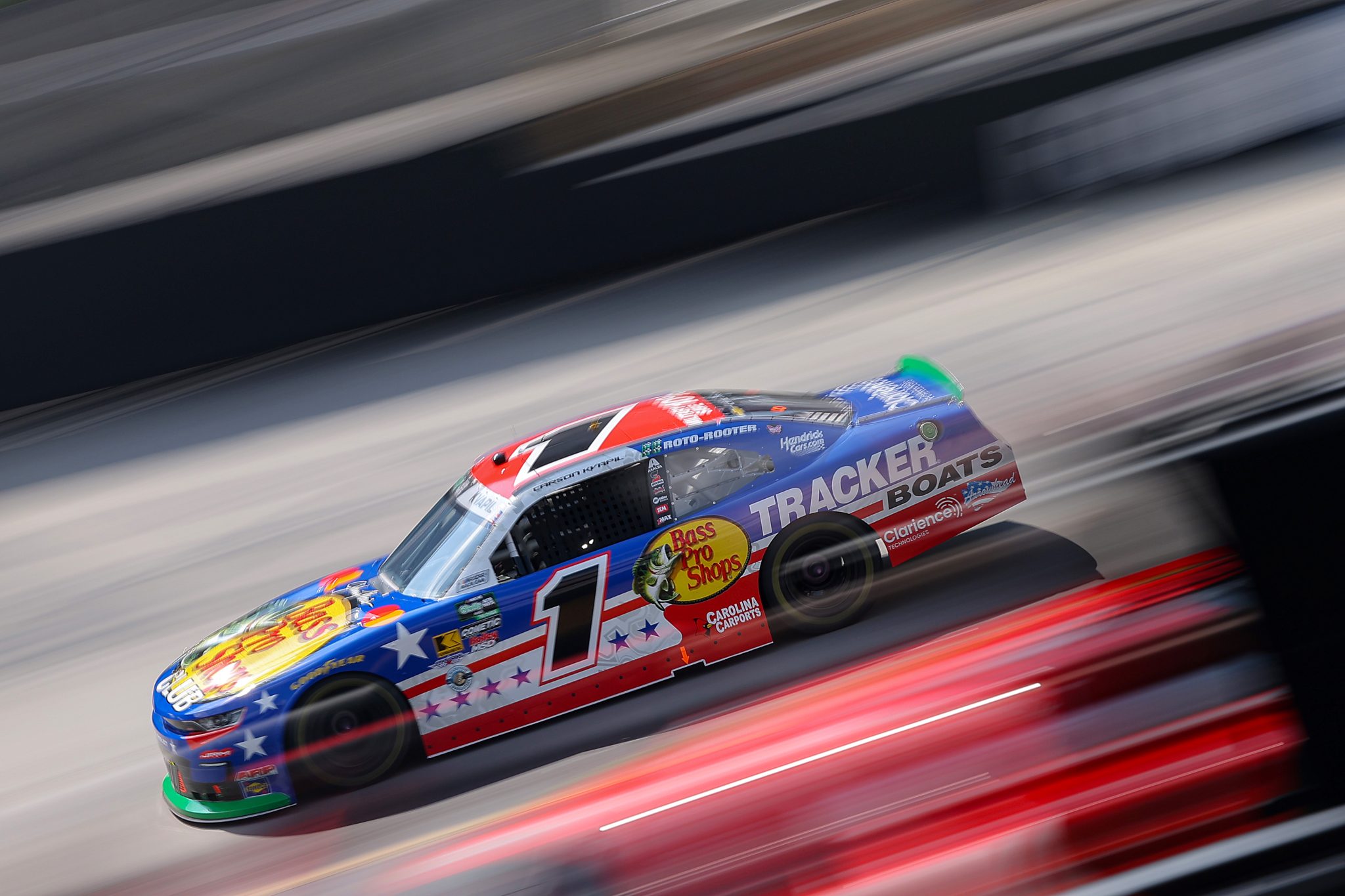 BRISTOL, TENNESSEE - SEPTEMBER 18: Carson Kvapil, driver of the #1 Bass Pro Shops Chevrolet, drives during practice for the NASCAR O'Reilly Auto Parts Series Food City 300 at Bristol Motor Speedway on September 18, 2026 in Bristol, Tennessee. (Photo by Jonathan Bachman/Getty Images) | Getty Images