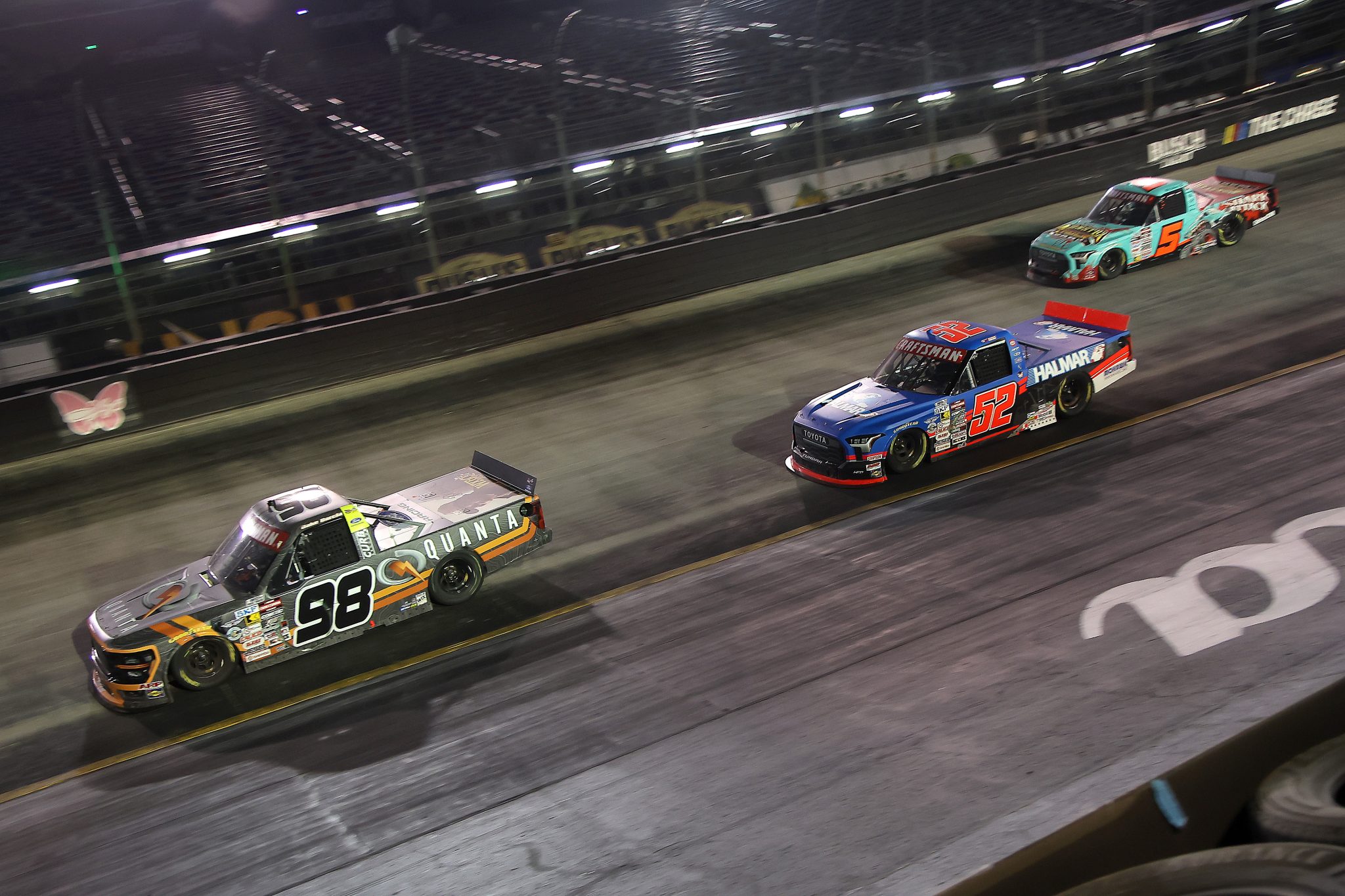 BRISTOL, TENNESSEE - SEPTEMBER 17: Jake Garcia, driver of the #98 Quanta/Curb Records Ford, leads the field during the NASCAR Craftsman Truck Series UNOH 250 Presented by Ohio Logistics at Bristol Motor Speedway on September 17, 2026 in Bristol, Tennessee. (Photo by Jonathan Bachman/Getty Images) | Getty Images