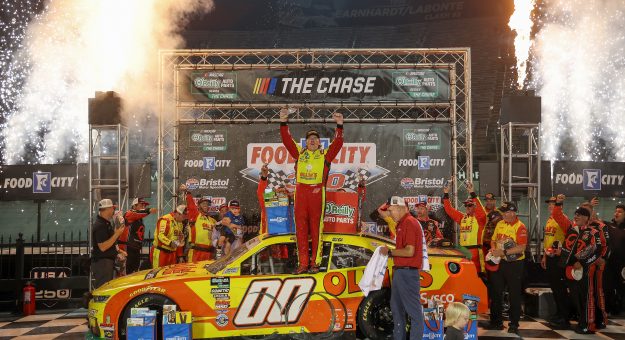 BRISTOL, TENNESSEE - SEPTEMBER 18: Sheldon Creed, driver of the #00 Ollie's Chevrolet, celebrates in victory lane after winning  the NASCAR O'Reilly Auto Parts Series Food City 300 at Bristol Motor Speedway on September 18, 2026 in Bristol, Tennessee. (Photo by Chris Graythen/Getty Images) | Getty Images