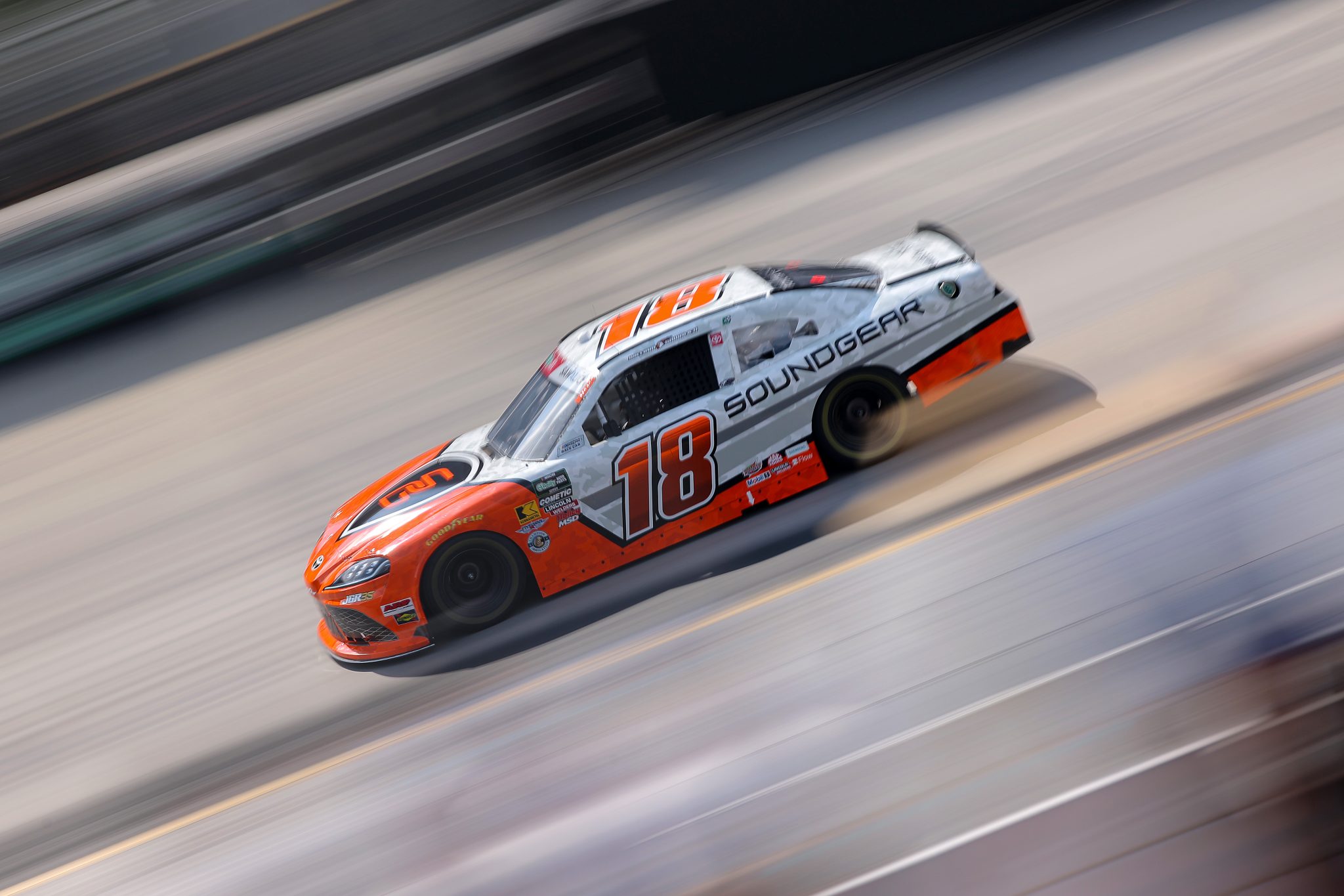 BRISTOL, TENNESSEE - SEPTEMBER 18: William Sawalich, driver of the #18 SoundGear Toyota, drives during practice for the NASCAR O'Reilly Auto Parts Series Food City 300 at Bristol Motor Speedway on September 18, 2026 in Bristol, Tennessee. (Photo by Jonathan Bachman/Getty Images) | Getty Images