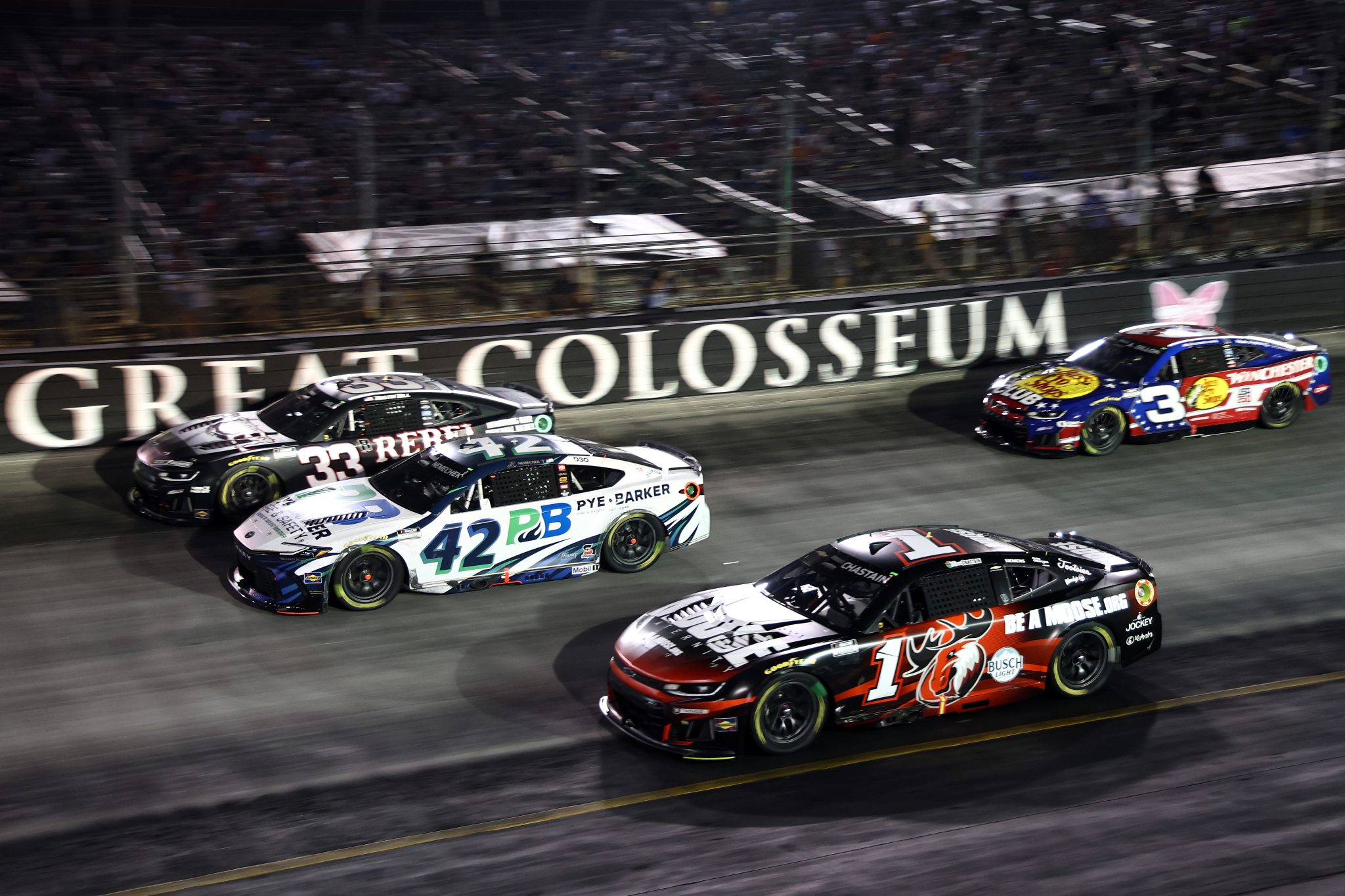 BRISTOL, TENNESSEE - SEPTEMBER 19: Ross Chastain, driver of the #1 Moose Fraternity Chevrolet, John Hunter Nemechek, driver of the #42 Pye-Barker Fire & Safety Toyota, Austin Hill, driver of the #33 Rebel Bourbon Chevrolet, and Austin Dillon, driver of the #3 Bass Pro Shops/Winchester Chevrolet, race during the NASCAR Cup Series Bass Pro Shops Night Race at Bristol Motor Speedway on September 19, 2026 in Bristol, Tennessee. (Photo by Chris Graythen/Getty Images) | Getty Images