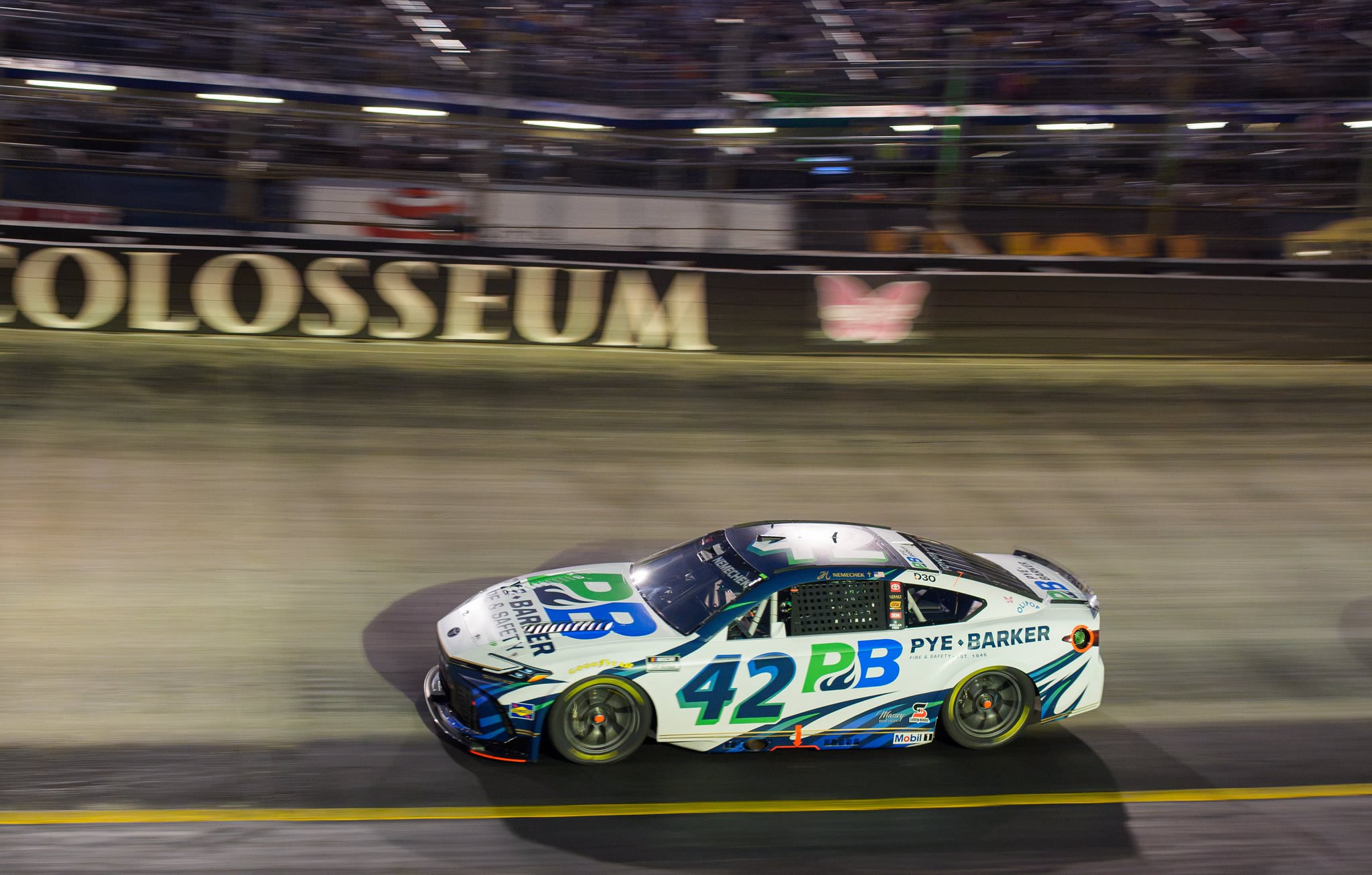 BRISTOL, TN – SEPTEMBER 19: John Hunter Nemechek, driver of the #42 Pye-Barker Fire & Safety Toyota, drives during the NASCAR Cup Series Bass Pro Shops Night Race at Bristol Motor Speedway on September 19, 2026 in Bristol, Tennessee. (Photo from Legacy Motor Club)