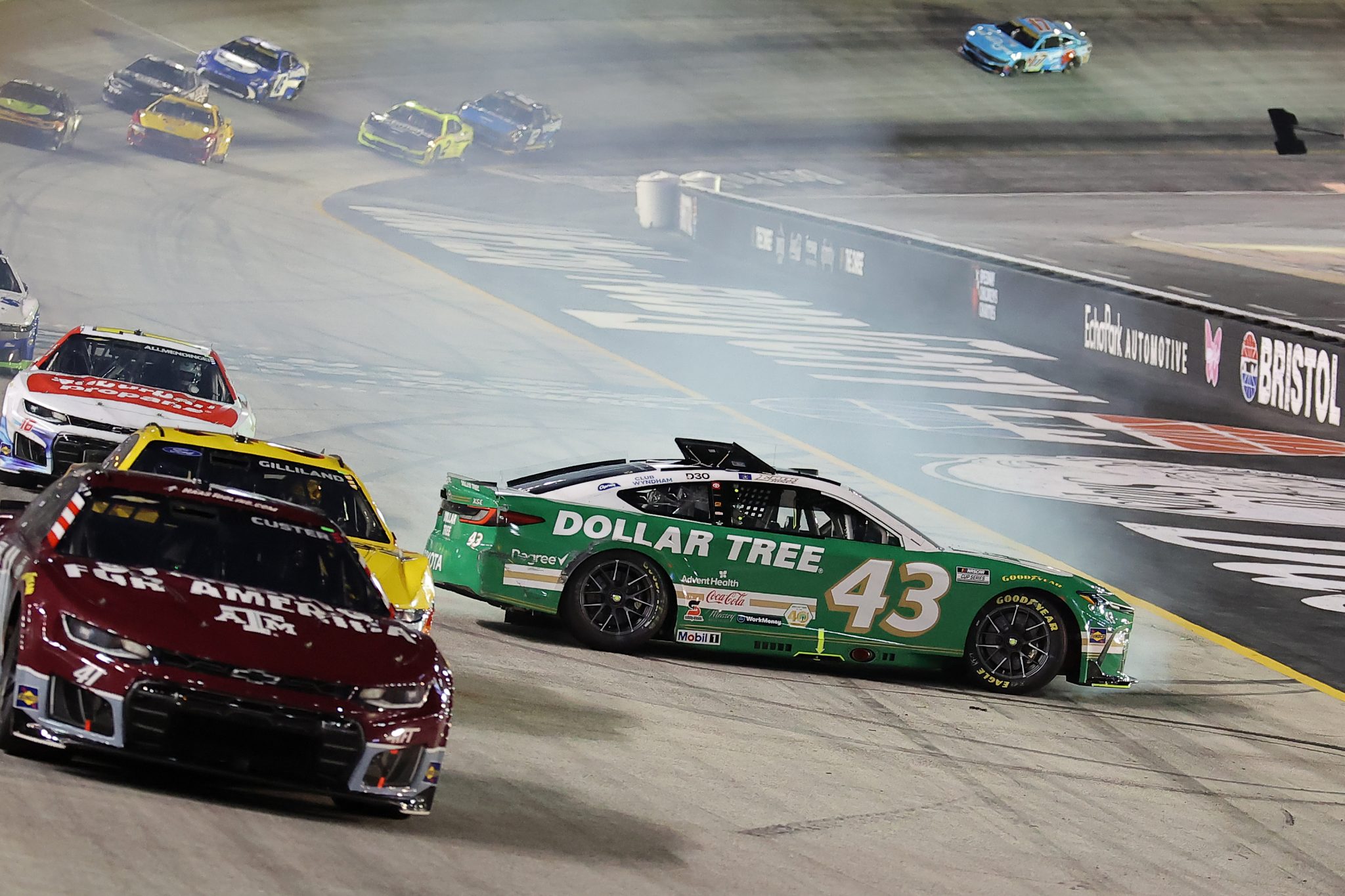 BRISTOL, TENNESSEE - SEPTEMBER 19: Erik Jones, driver of the #43 Dollar Tree Toyota, spins after an on-track incident during the NASCAR Cup Series Bass Pro Shops Night Race at Bristol Motor Speedway on September 19, 2026 in Bristol, Tennessee. (Photo by Jonathan Bachman/Getty Images) | Getty Images