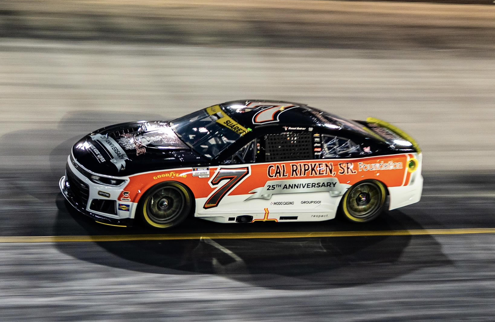 BRISTOL, TN – SEPTEMBER 19: Daniel Suarez, driver of the #7 Cal Ripken Sr. Foundation Chevrolet, drives during the NASCAR Cup Series Bass Pro Shops Night Race at Bristol Motor Speedway on September 19, 2026 in Bristol, Tennessee. (Photo from Spire Motorsports)
