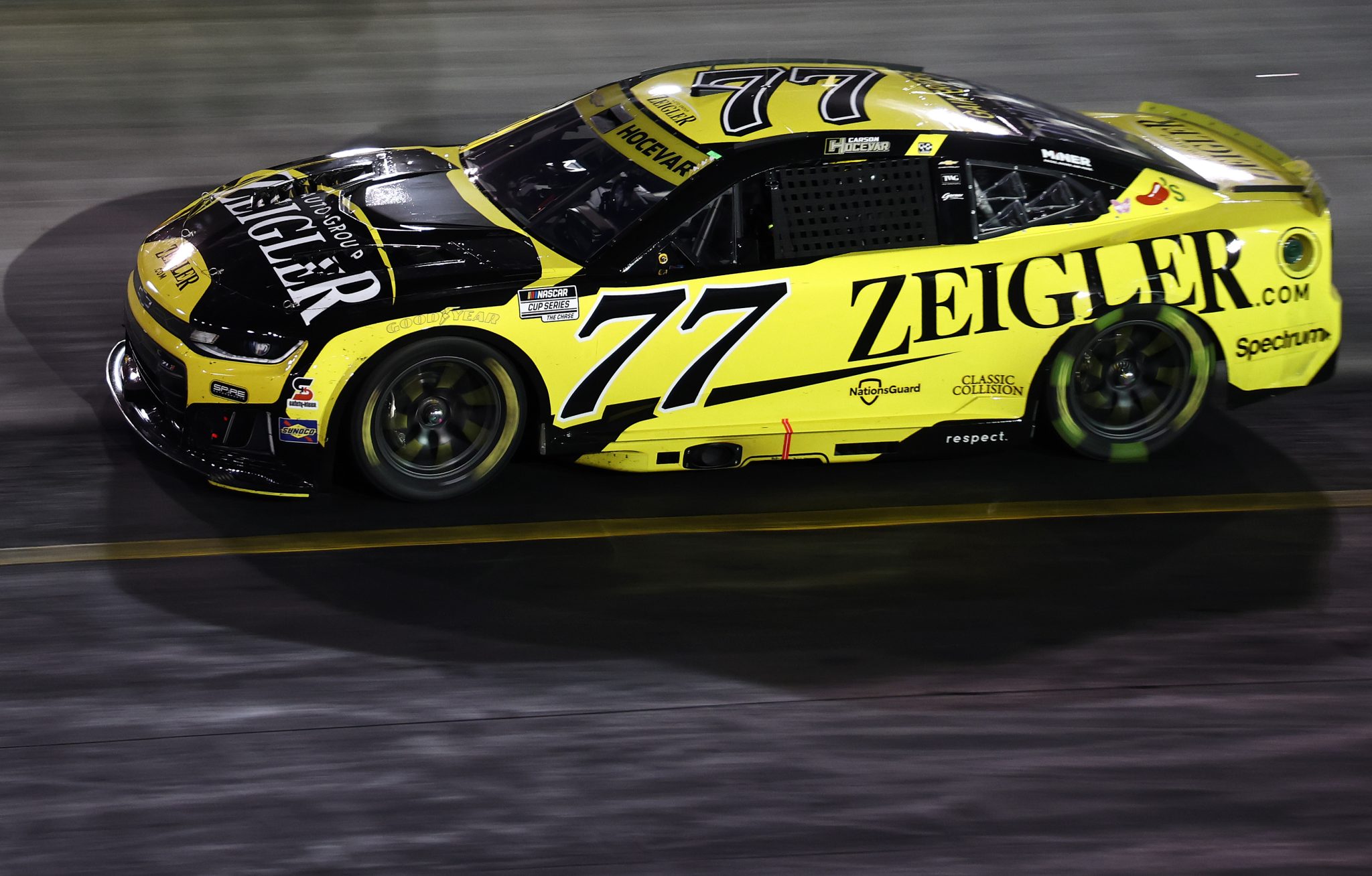 BRISTOL, TENNESSEE - SEPTEMBER 19: Carson Hocevar, driver of the #77 Zeigler Auto Group Chevrolet, drives during the NASCAR Cup Series Bass Pro Shops Night Race at Bristol Motor Speedway on September 19, 2026 in Bristol, Tennessee. (Photo by Chris Graythen/Getty Images) | Getty Images